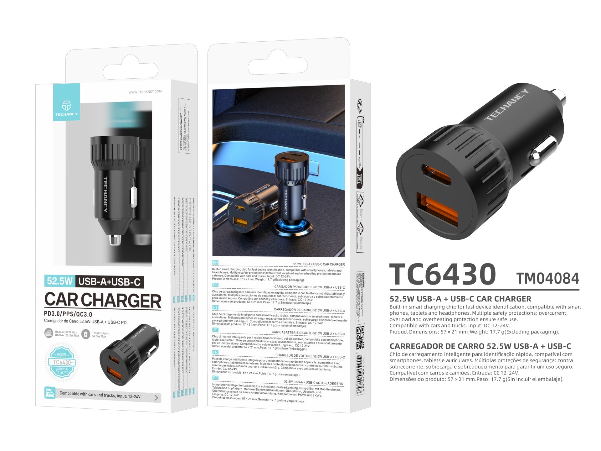 Techancy Carregador de carro 52.5W USB A e USB C PD PPS QC3.0 TC6430 Carregamento rapido 12V 24V Preto