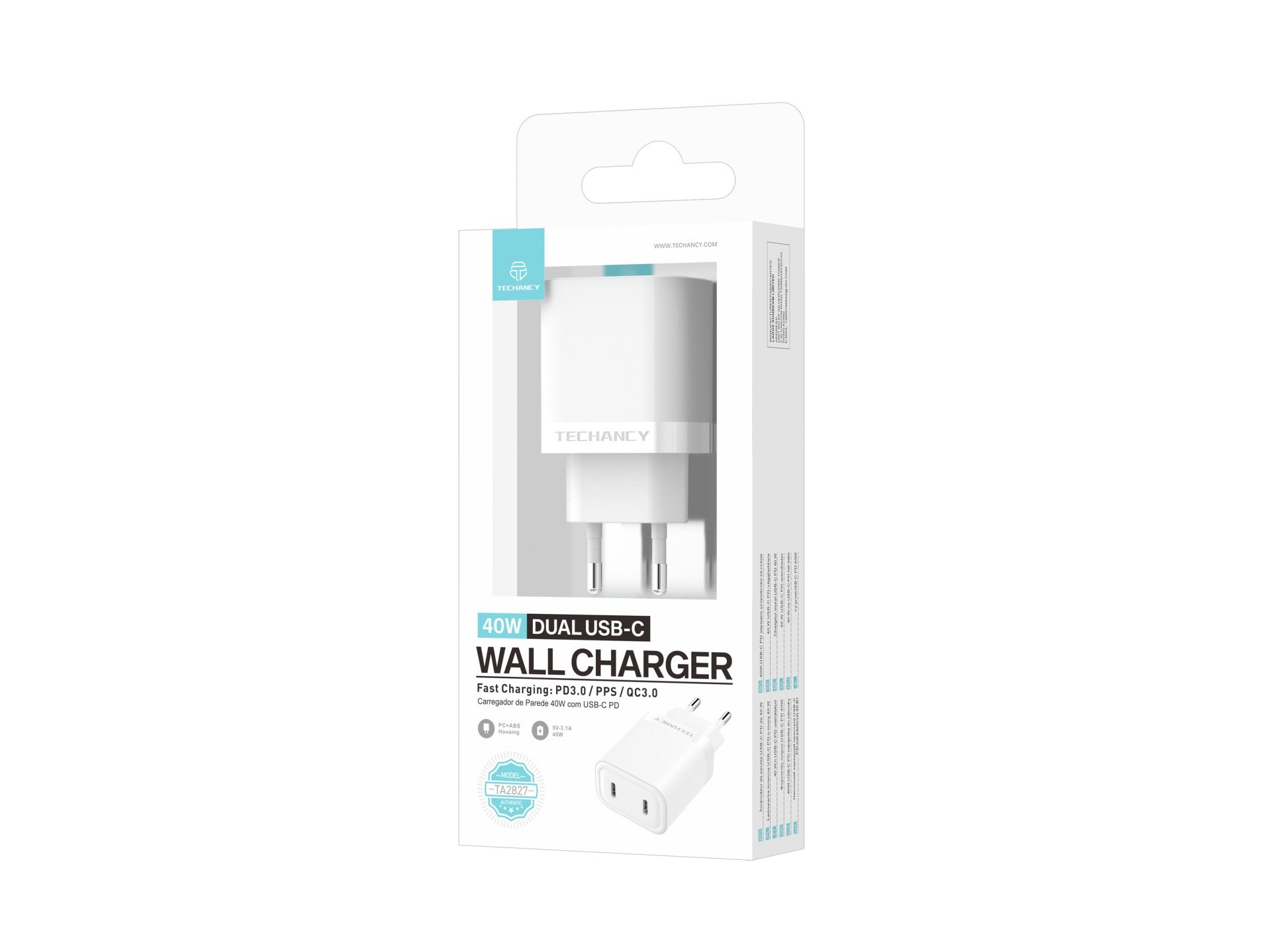 Techancy Carregador 40W Dual USB C PD PPS TA2827 Carregamento rapido para iPhone Android Tablet Adaptador EU Branco