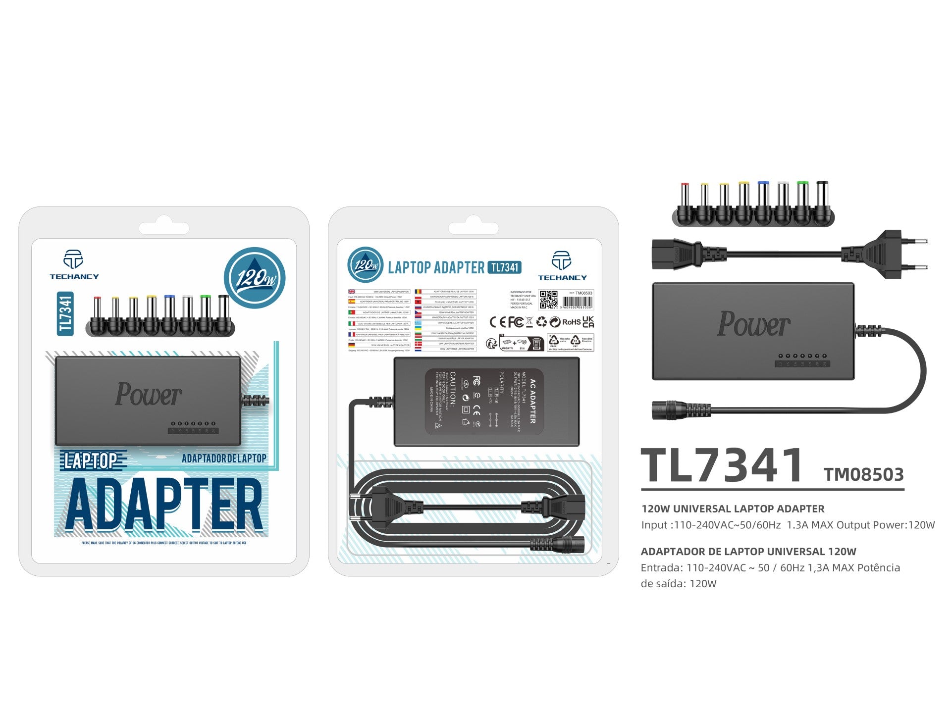 Adaptador universal Techancy para portátil de 120 W TL7341, color negro, entrada 110-240 V, salida 120 W, con múltiples conexiones