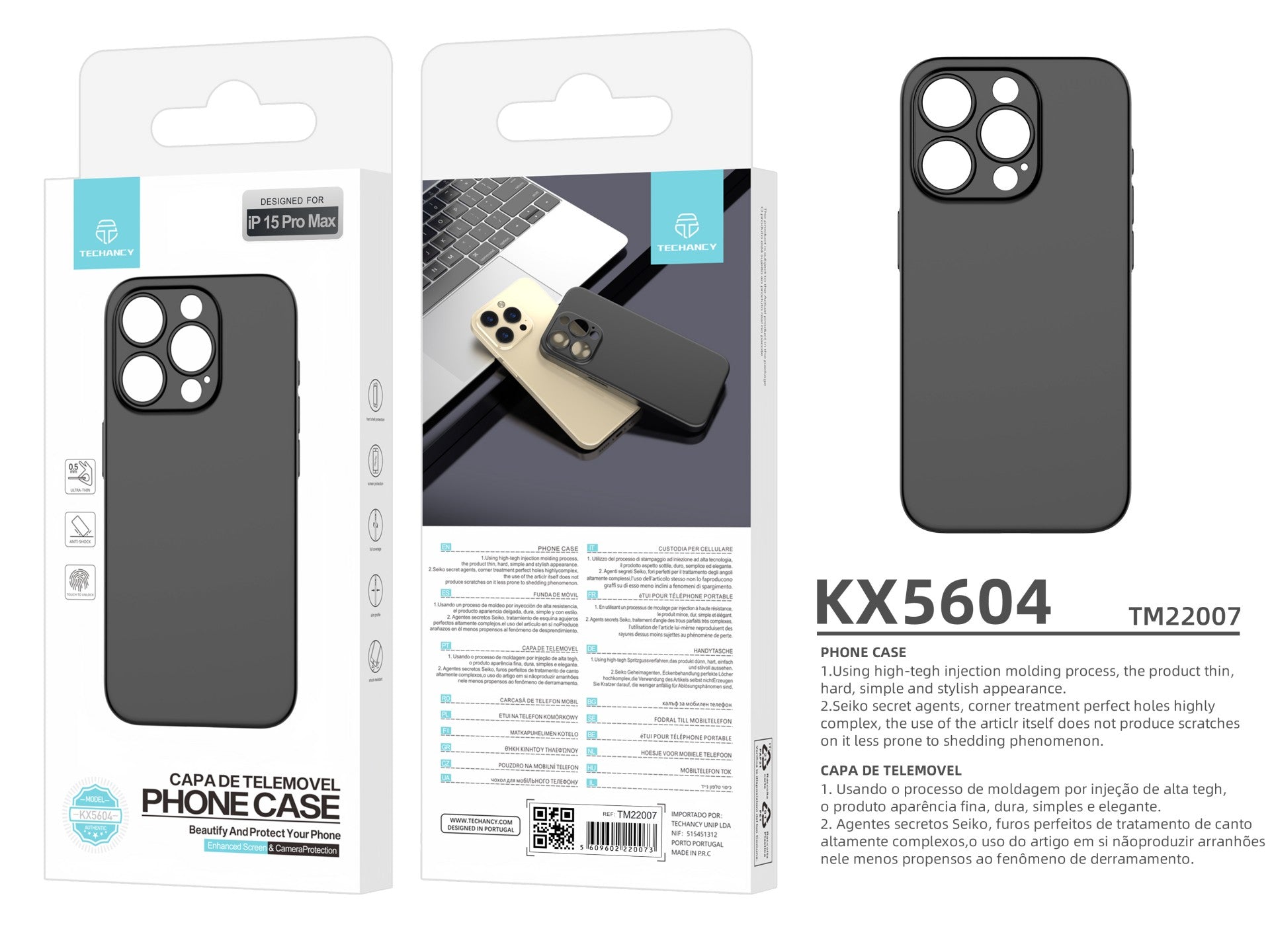 Techancy Capa Para Telemóvel Ultra Fina Preta KX5604, Compatível Com O Telemóvel Iphone 15 Pro Max, Material Pp De 0,5 Mm.