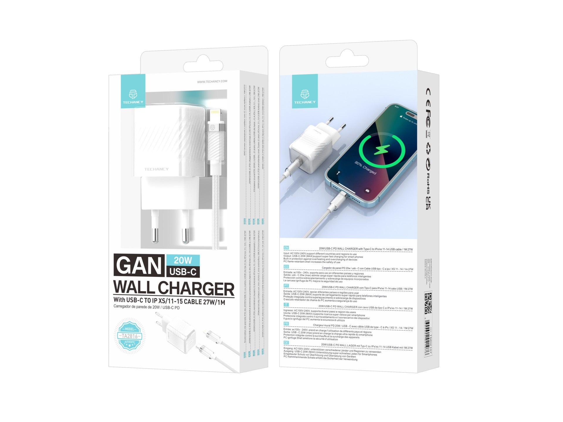 Techancy 20W Mobile Phone Charger White TA2816, USB-C PD GaN Fast Charging, USB C to Lightning Cable Set 1m/30w
