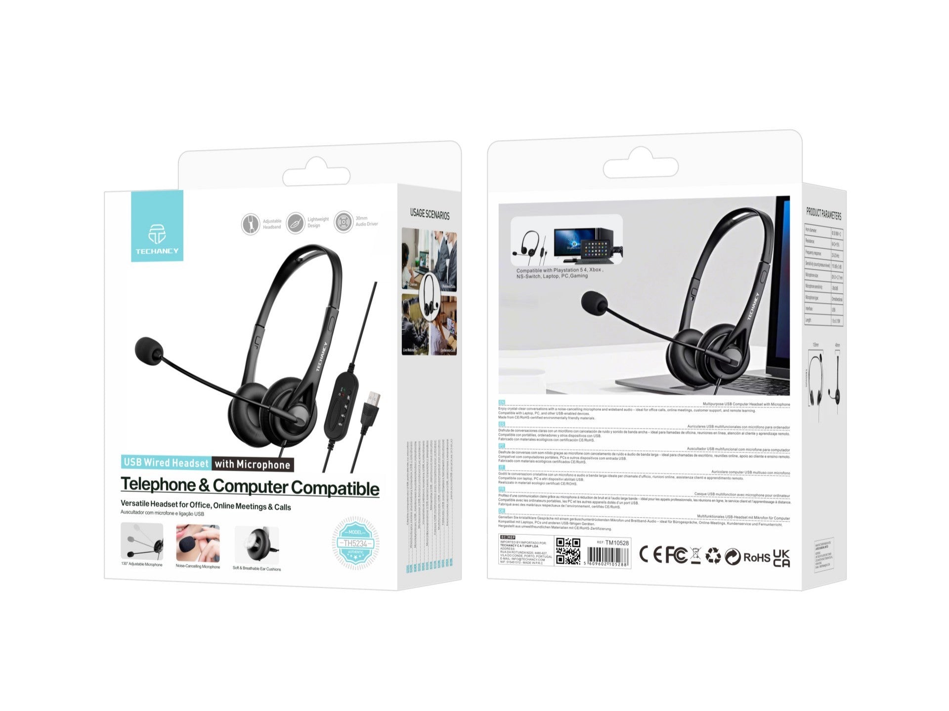 Techancy TH5234 Wired USB Headset with Noise-Cancelling Microphone for Call Center, Office, Online Meetings, Compatible with PC and Laptop