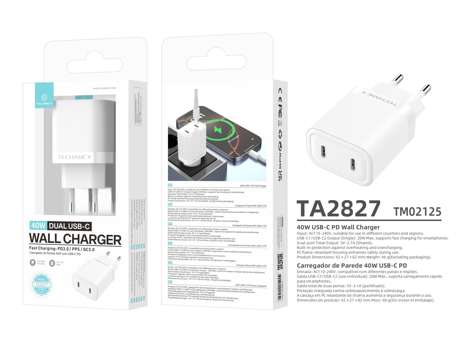Techancy Carregador 40W Dual USB C PD PPS TA2827 Carregamento rapido para iPhone Android Tablet Adaptador EU Branco