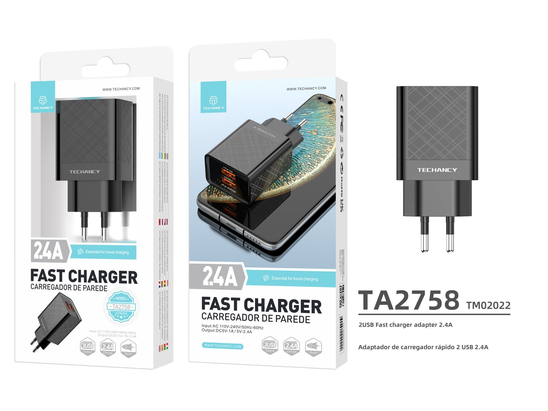 Techancy Carregador Usb 2.4A Preto TA2758, 2usb Output, Chip Inteligente Integrado, Carregamento Simultâneo Multi-Device