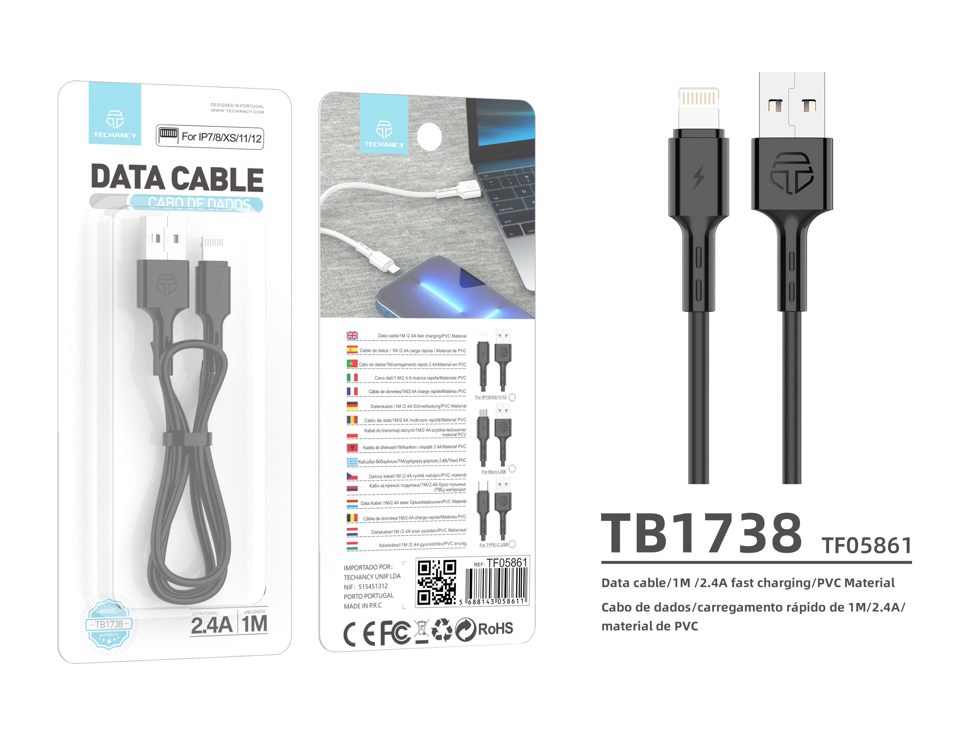 Cable de datos USB Techancy - IP7/8/X/11-14, TB1738, 1 m, 2,4 A, carga rápida, transferencia de datos, negro