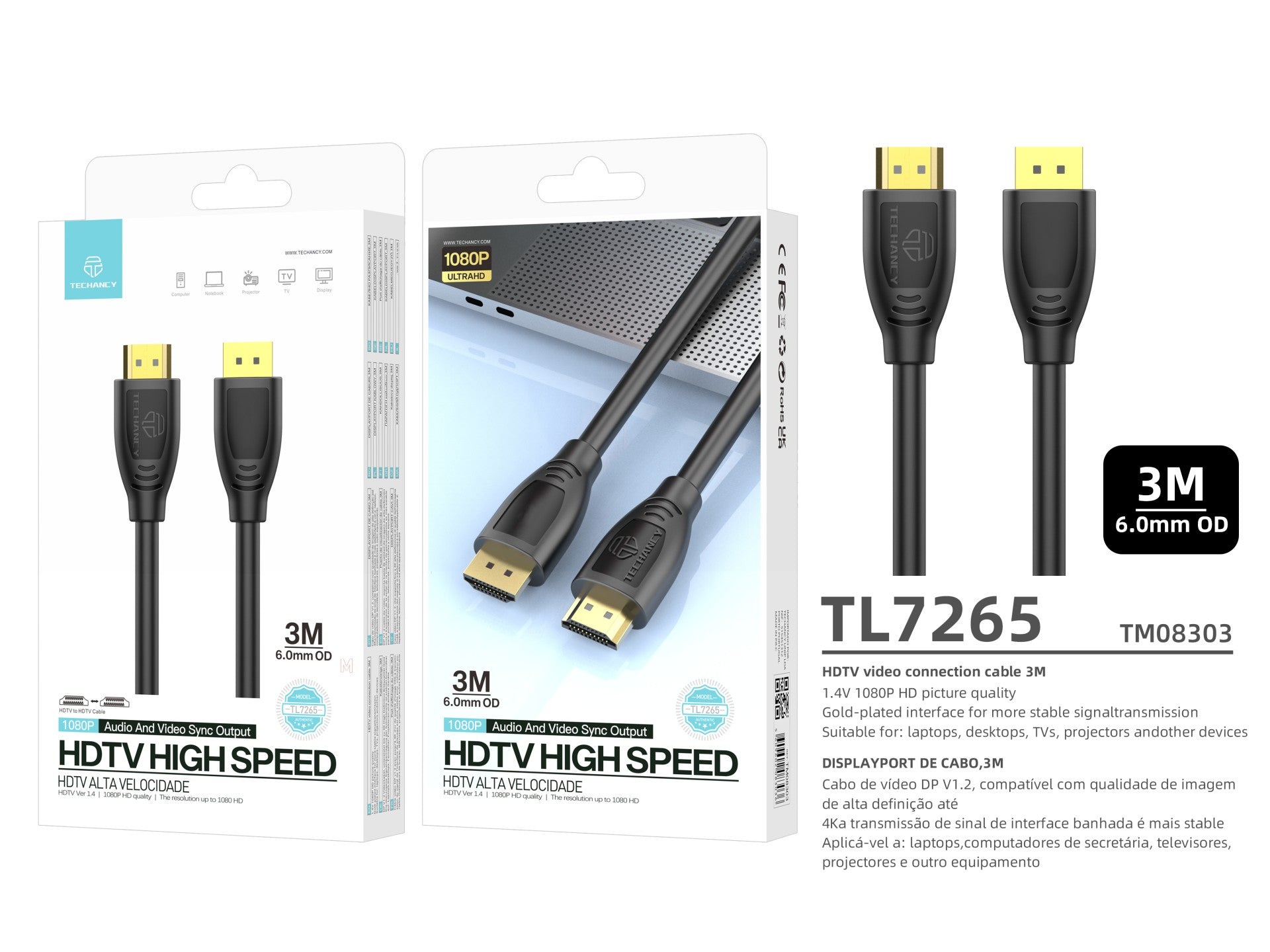 Techancy Cabo Hdtv De Alta Velocidade TL7265,3m, Ecrã Hd 1080p Para Televisores, Computadores, Projectores E Consolas