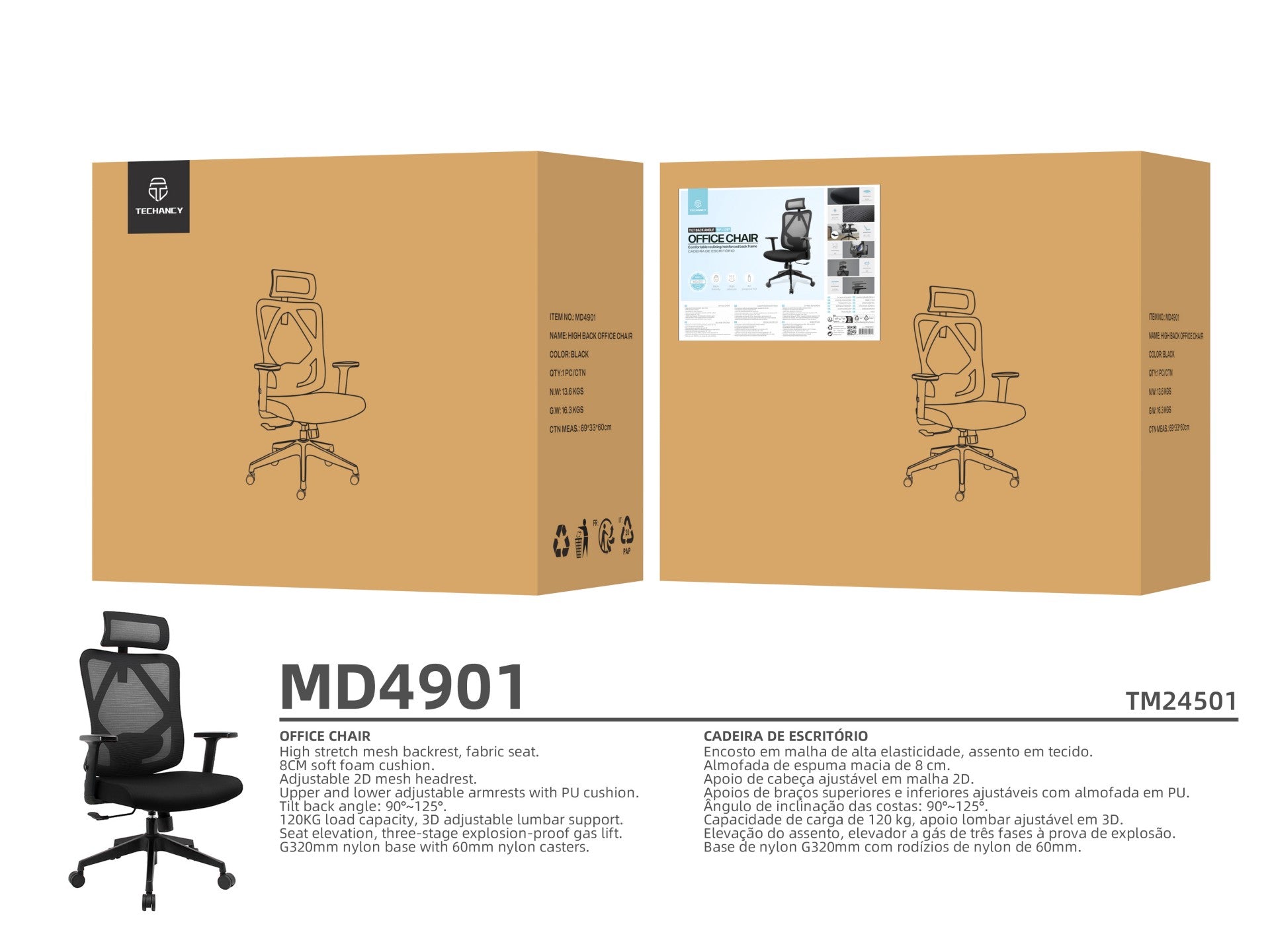 Techancy Cadeira De Escritório Para Computador Preta MD4901, Assento Em Tecido, Apoio Lombar Curvo, Ângulo Ajustável 3d,