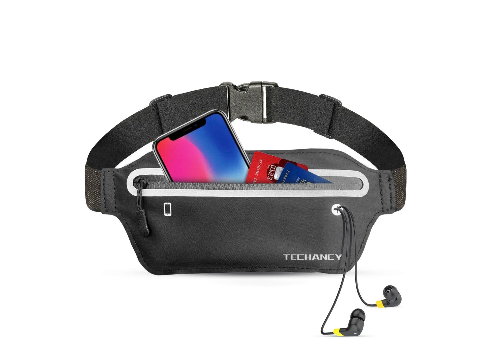Riñonera deportiva Techancy TU7450, cintura elástica ajustable, funda para teléfono de gran capacidad, color negro