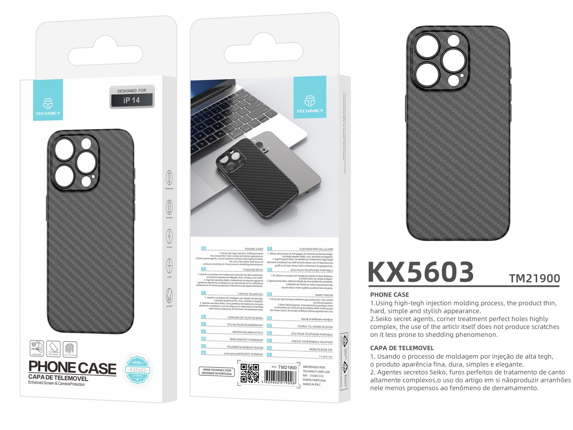 Techancy Capa Para Telemóvel Ultra Fina Em Fibra De Carbono KX5603, Compatível Com Iphone 14, Material Pp De 0,5 Mm.