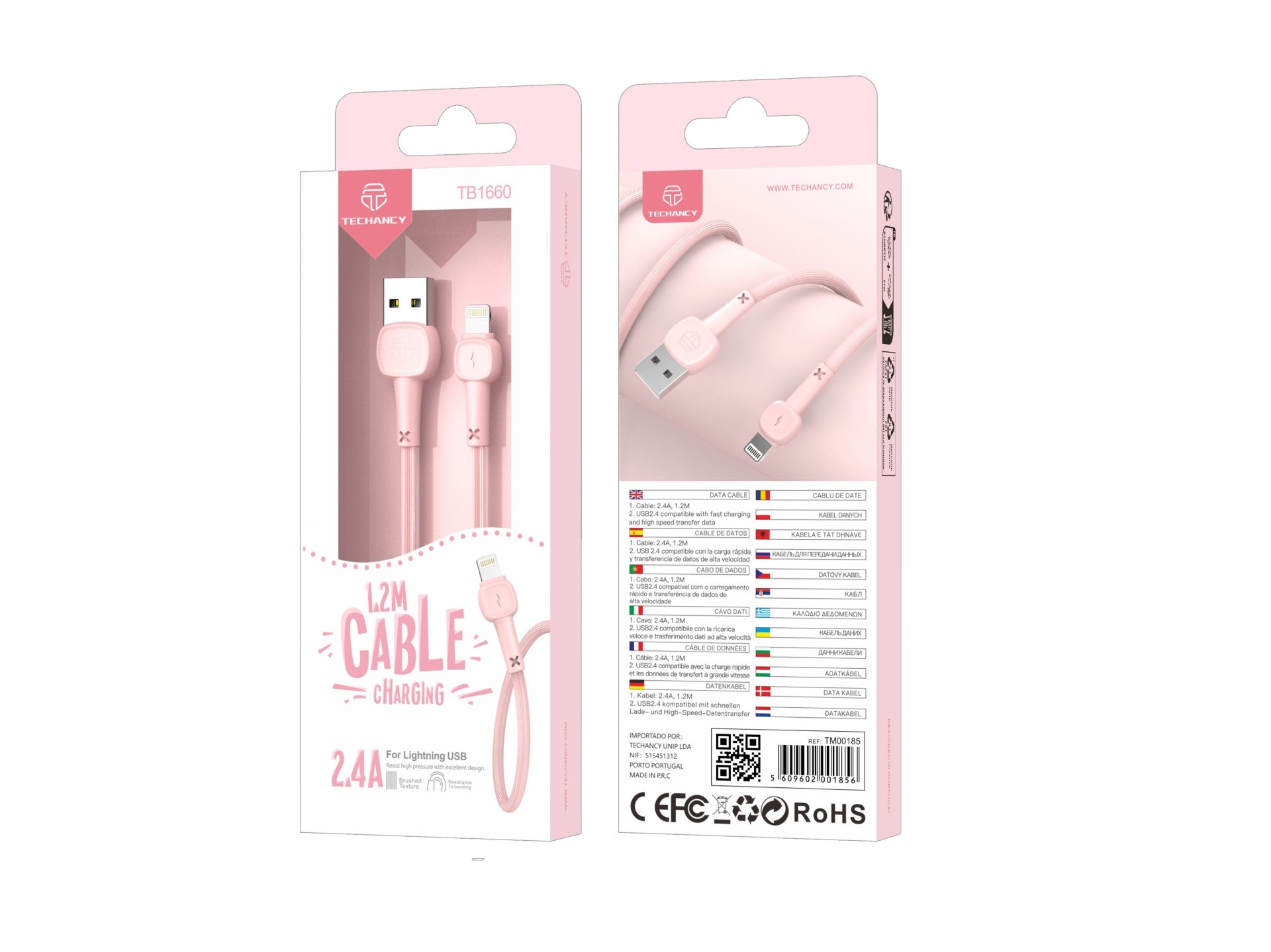Techancy USB-Lightning Data Cable Pink TB1660, Fast Charging Macaron 2.4a, Length 1.2m, Compatible with iPhone/iPad