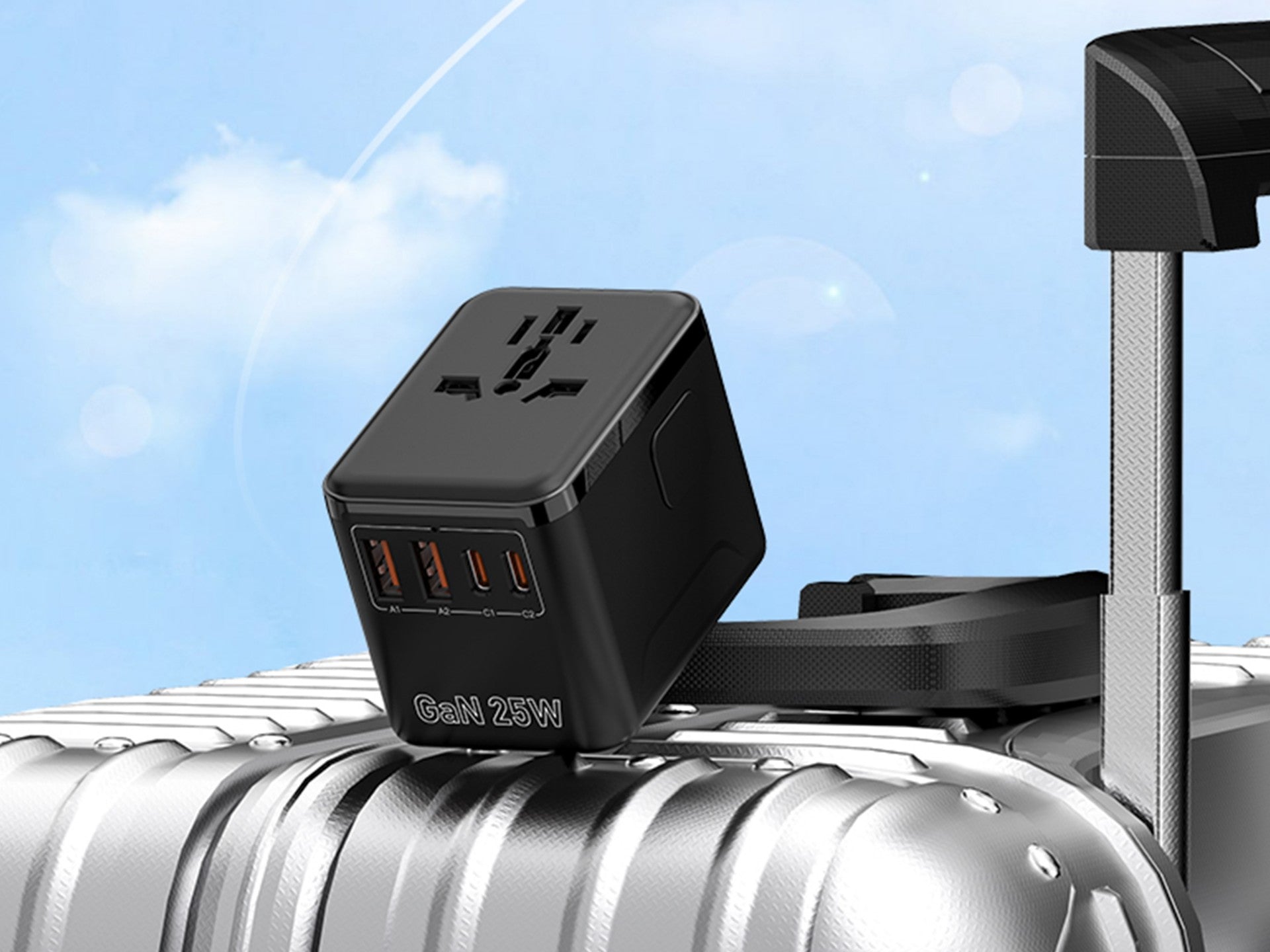 Techancy Adaptador Universal Viagem MB2503 Conversor Tomada Mundial GaN 25W 2500W 10A Compatibilidade UK EU US AUS Com USB Preto