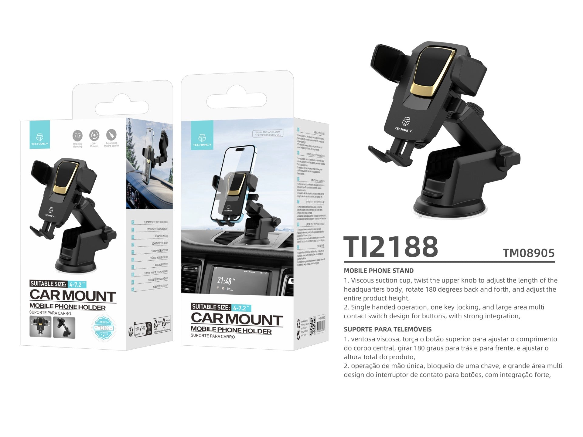 Techancy Suporte Para Telemóvel Com Ventosa Para Automóvel Preto/Dourado Ti2188, Bloqueio Com Um Toque, 4-7,2 Polegadas