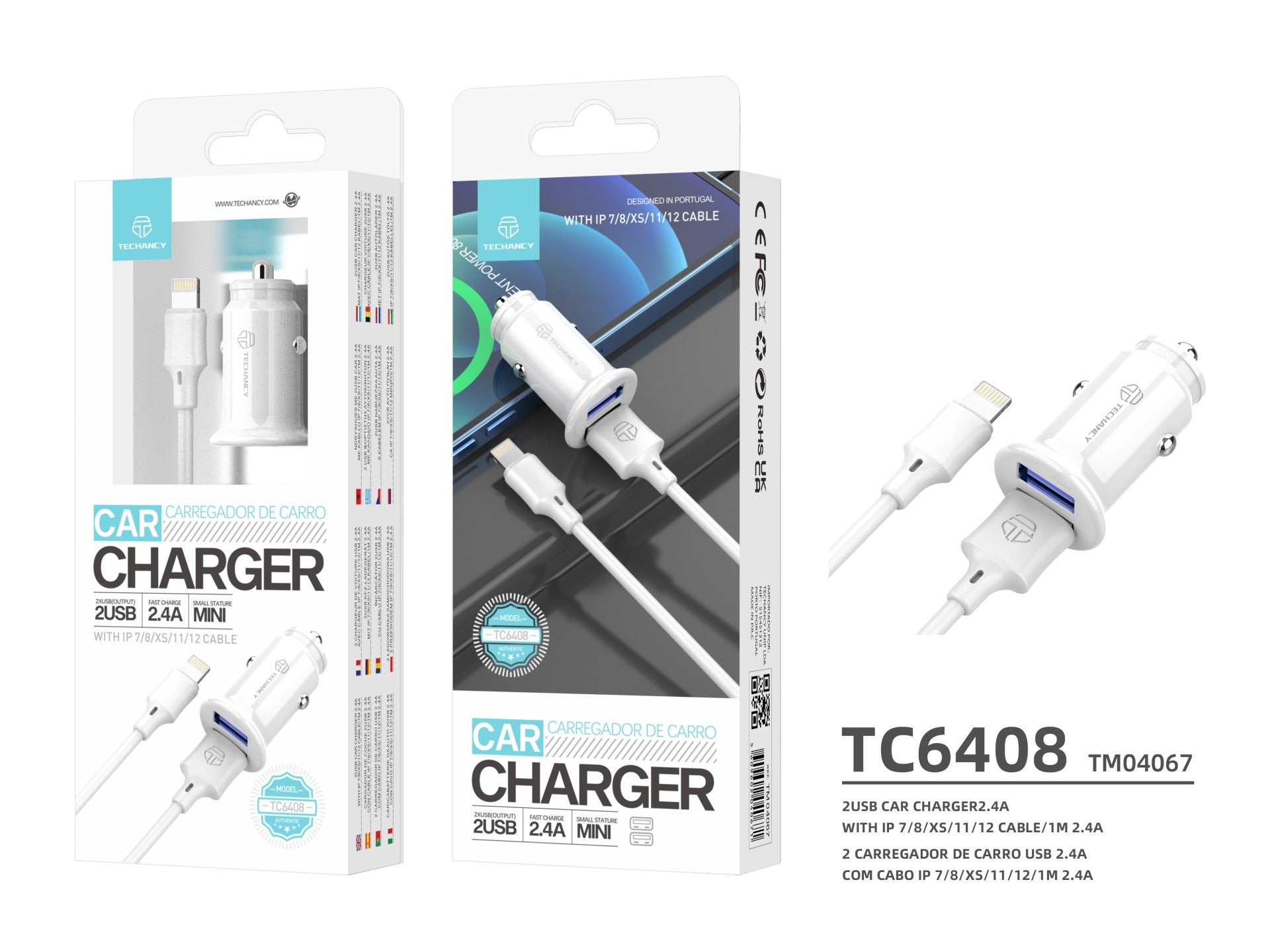 Techancy Carregador De Automóvel Mini TC6408, Carregamento 2usb 2.4A, Kit De Dados Com Cabo Usb-Lightning 1m,branco