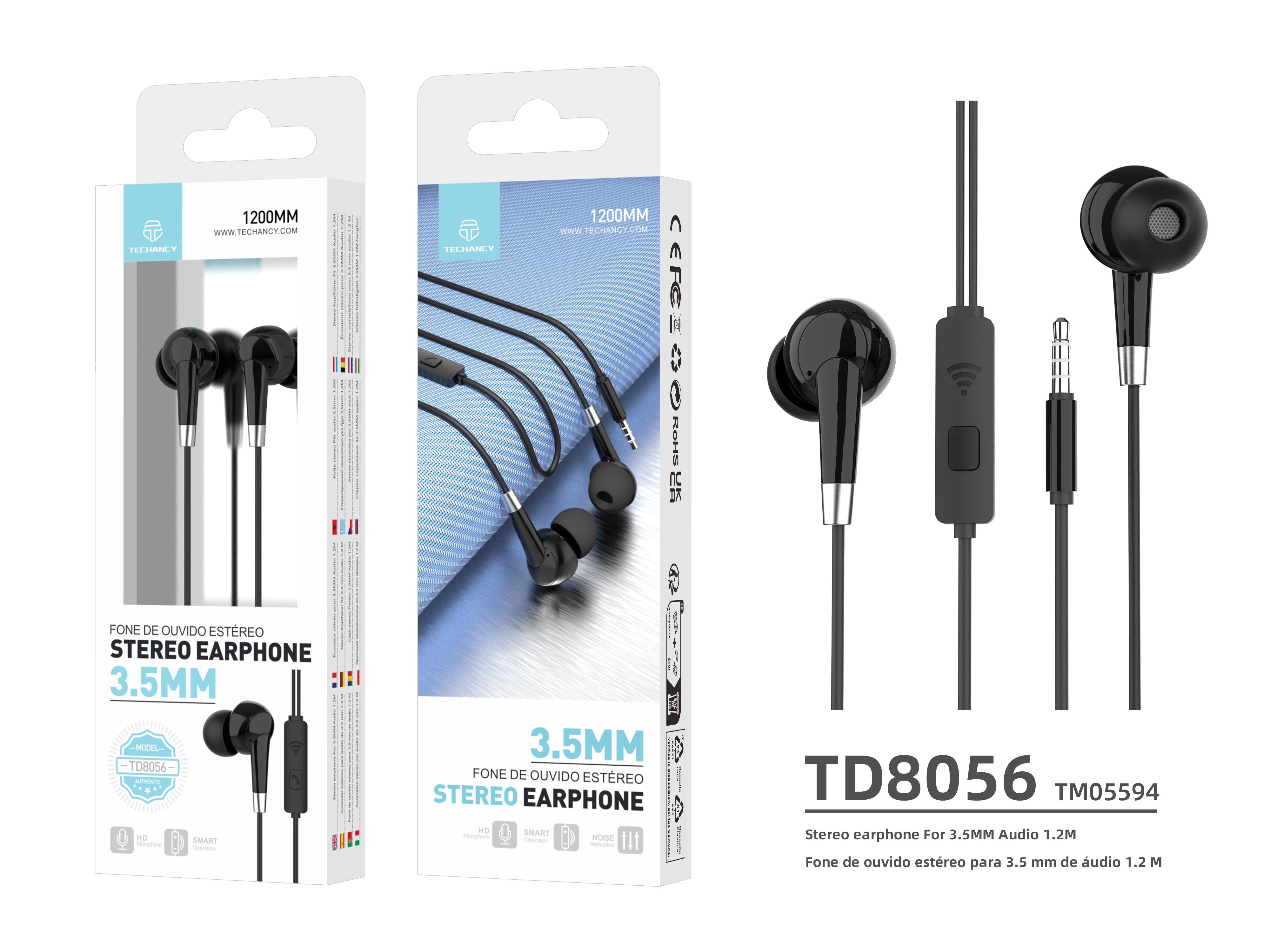 Auriculares intrauditivos Techancy con cables negros de 1,2 m TD8056, conector de 3,5 mm, compatibles con teléfonos móviles, PC, MP3, etc.