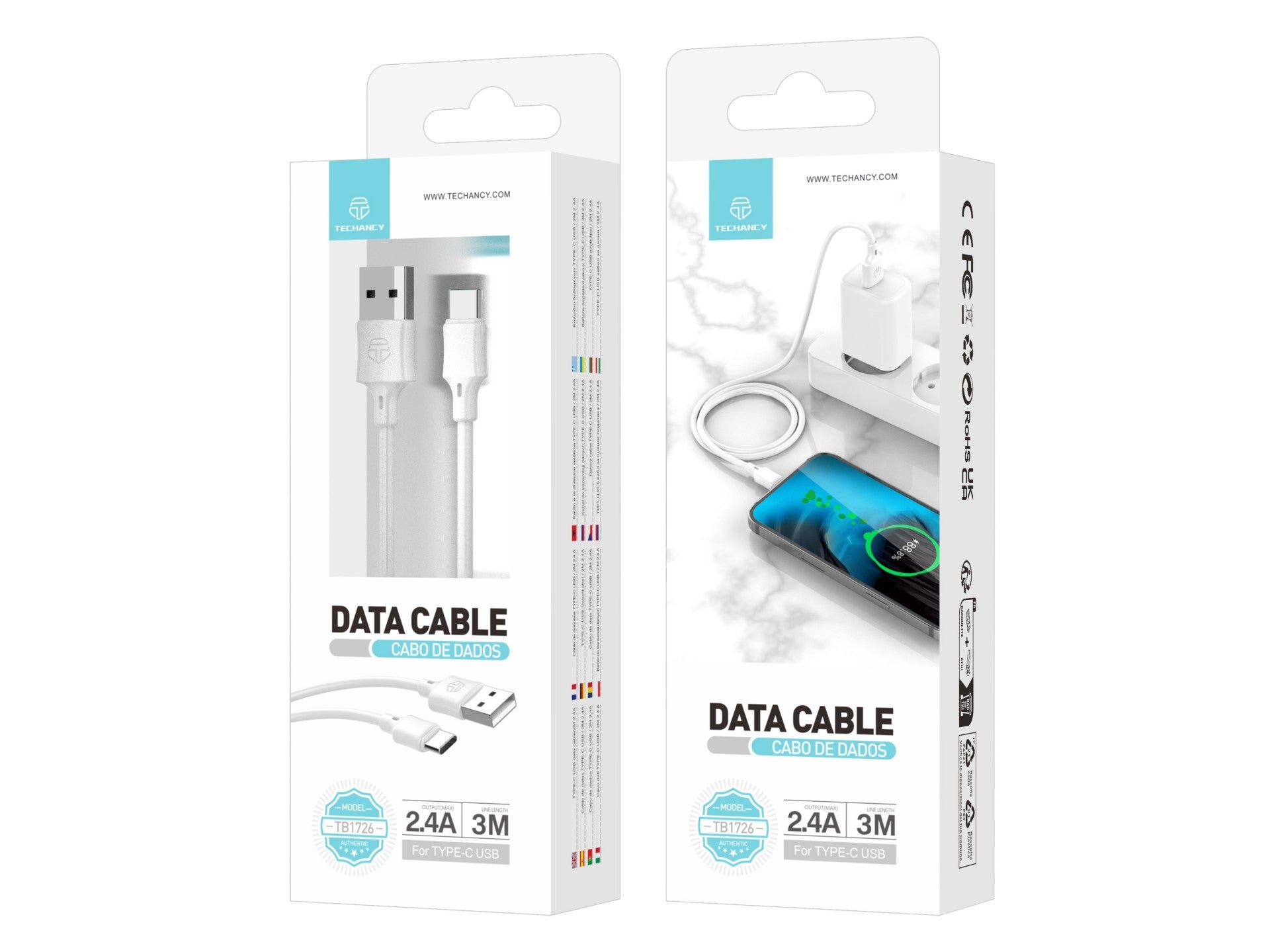 Techancy Cabo De Carregamento 3m Usb- Tipo C Branco TB1726, Carregamento Rápido De 2,4 A, Carregamento De Longo Alcance 3m