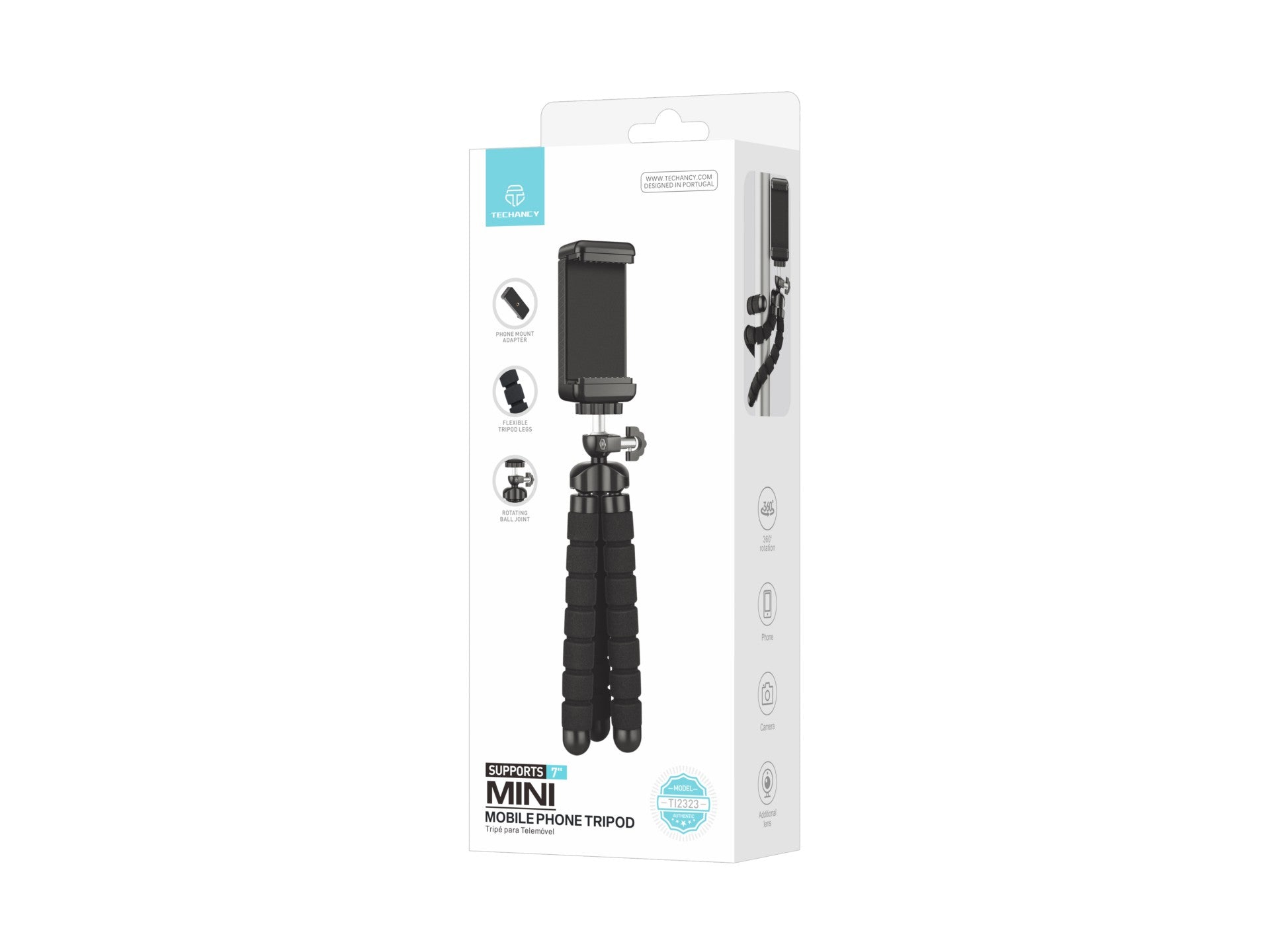 Techancy Mini Tripé Preto Ti2323 Com Pernas Dobráveis, Incl. Cabeça Esférica, Rotação De 360° Para Câmaras E Telemóveis