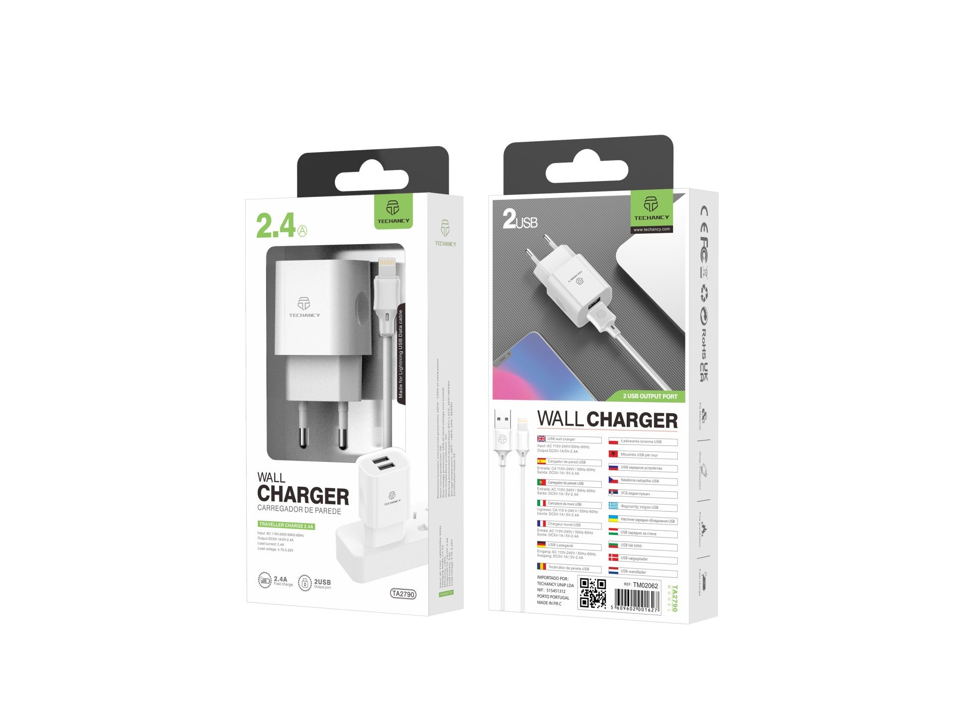 Techancy Carregador De Parede 2usb Branco TA2790, Carregamento 5V-2,4A, Conjunto De Cabos Lightning 1m, Compatível Com Iphone/Ipad