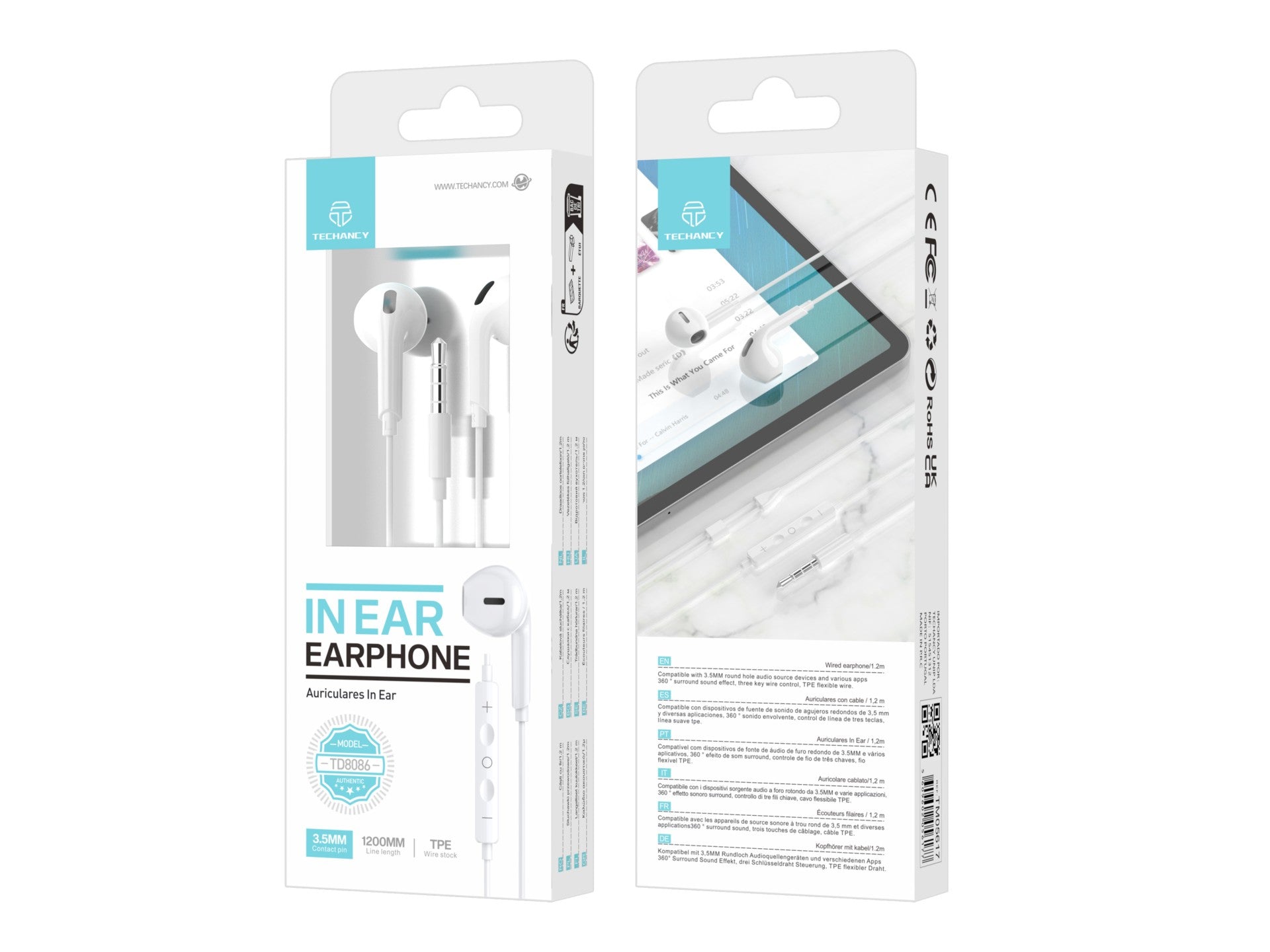 Techancy White In-Ear Headphones 1.2m TD8086 with Cable and Microphone, 3.5mm Music Headphones