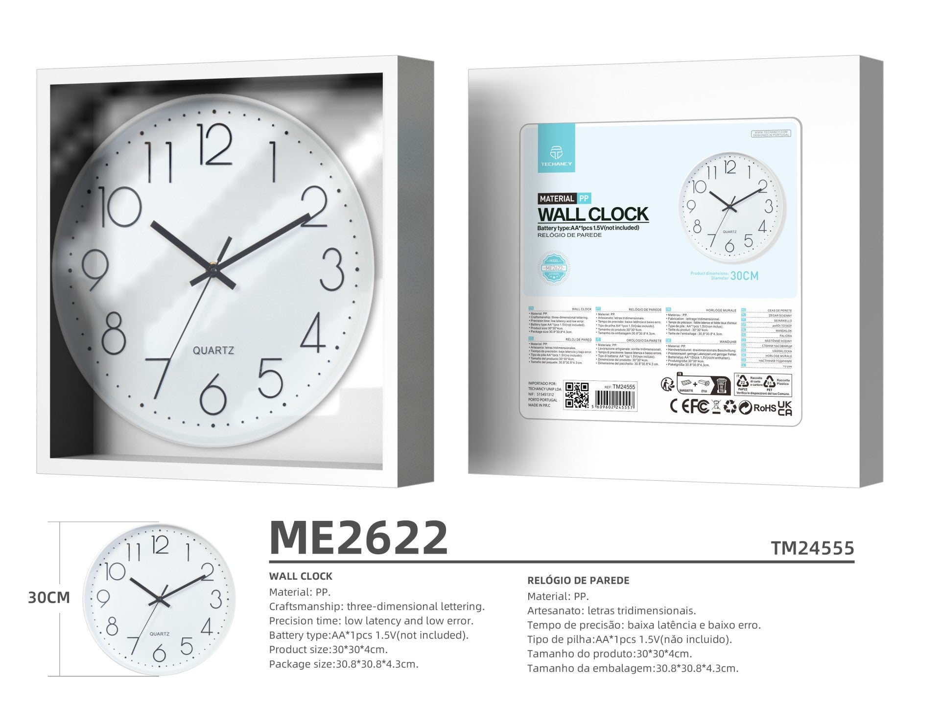 Techancy Wall Clock ME2622, 30 cm in diameter, 3D engraved, silent clock for home, office and kitchen.