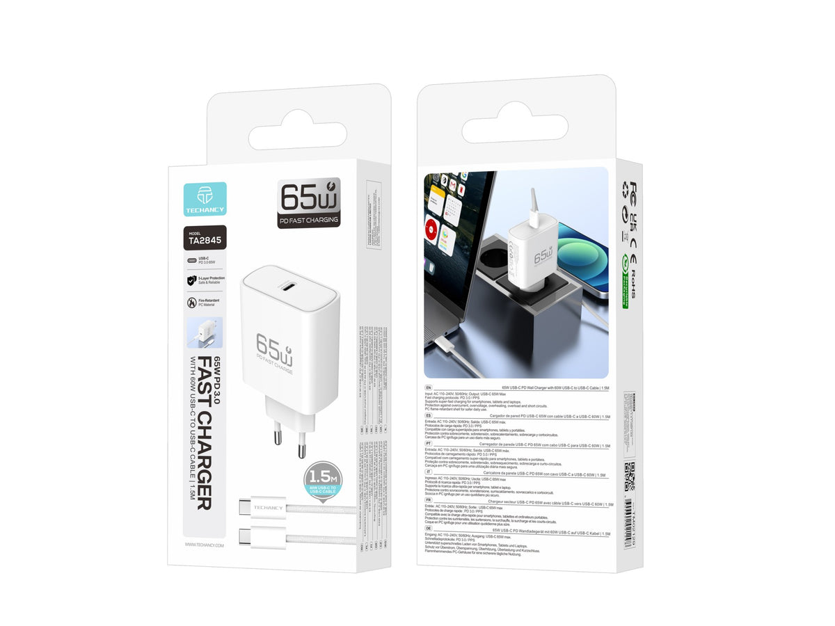Carregador USB-C 65W TECHANCY TA2845, PD 3.0 PPS, Carregamento Rapido, Cabo USB-C para USB-C 60W de 1,5 m Incluido