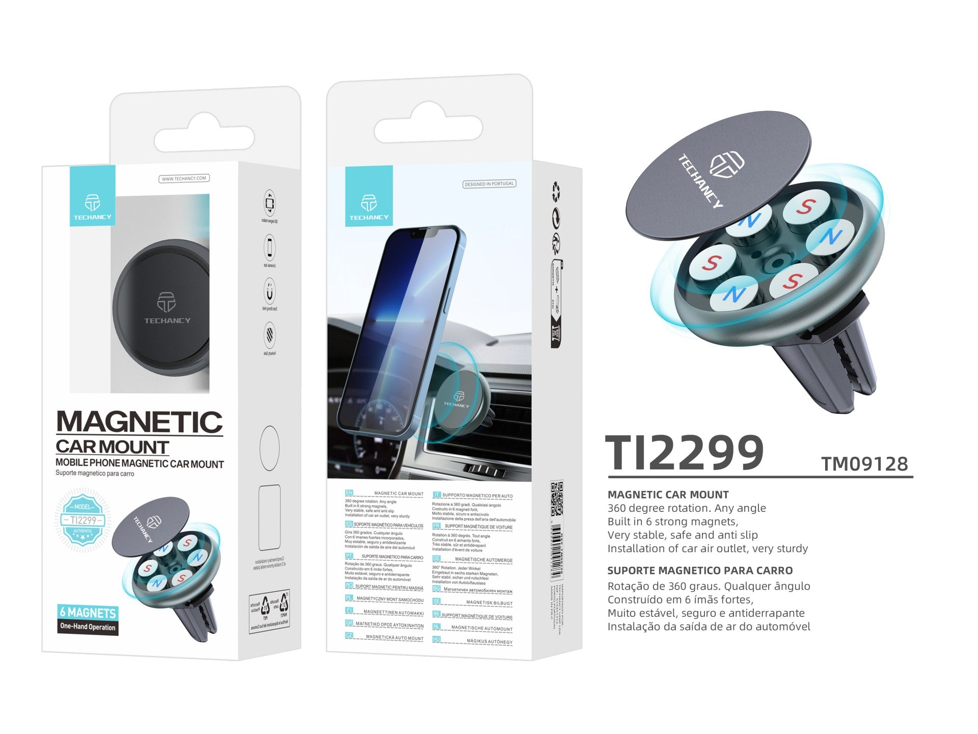 Techancy Suporte Magnético Para Telemóvel Ti2299, Ventilação De Ar Para Automóvel, Forte Magnético E Estável Para O Telemóvel