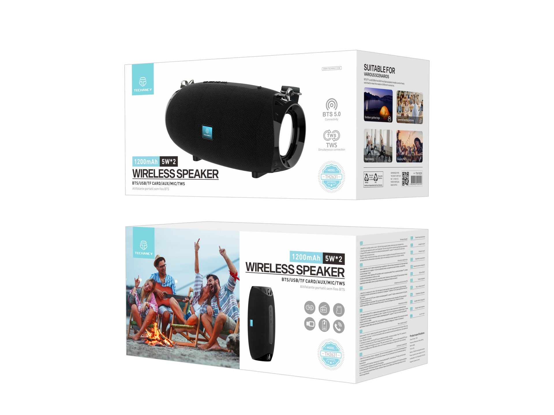 Techancy TH2631 Black Wireless Speaker, with Built-in 5W Battery*2 Speakers, Supports TWS/TF/AUX Inputs
