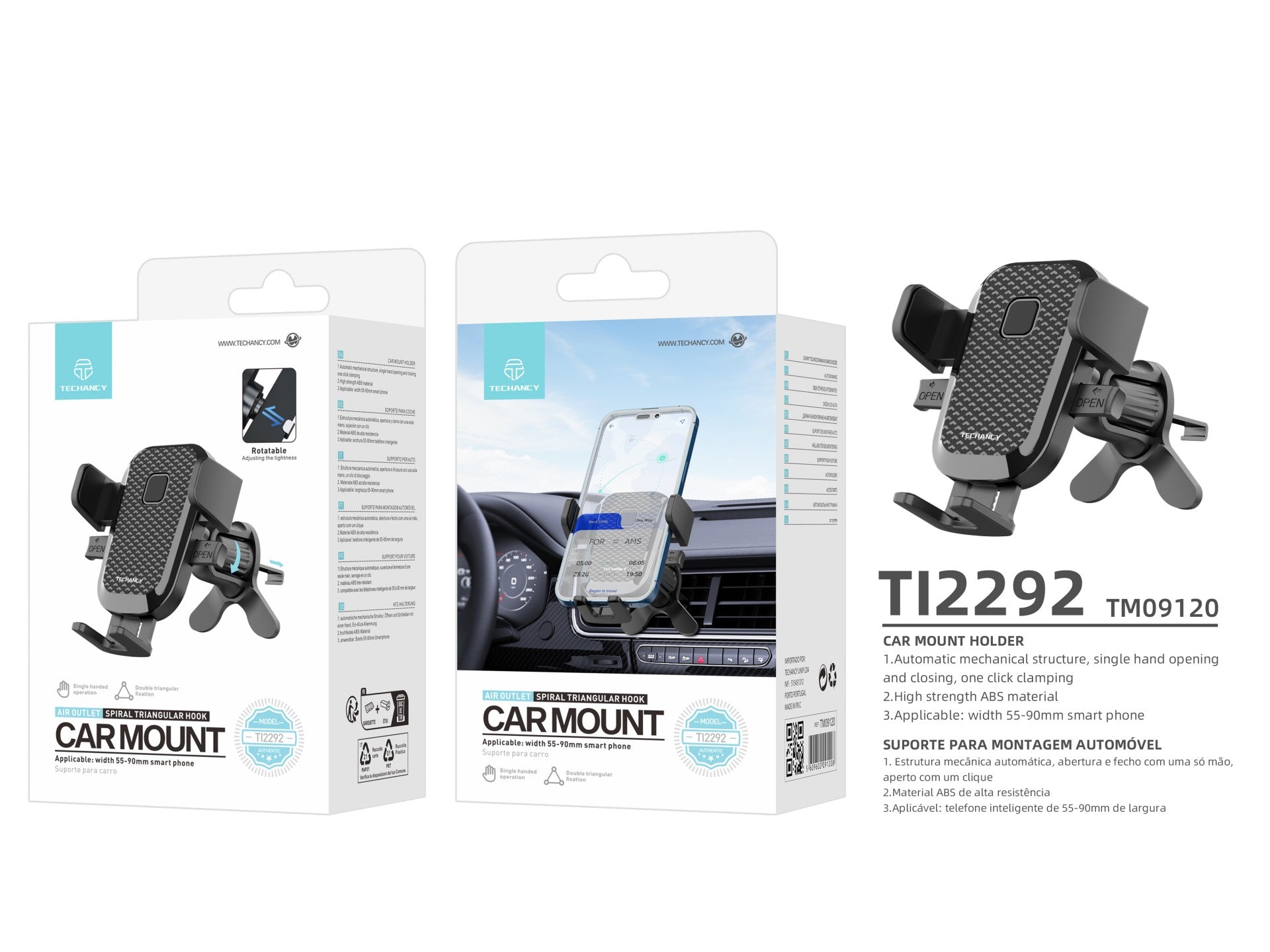 Techancy Suporte Para Telemóvel Para Automóvel Ti2292, Operação Com Uma Mão, Abertura E Fecho Automáticos, Material Abs.