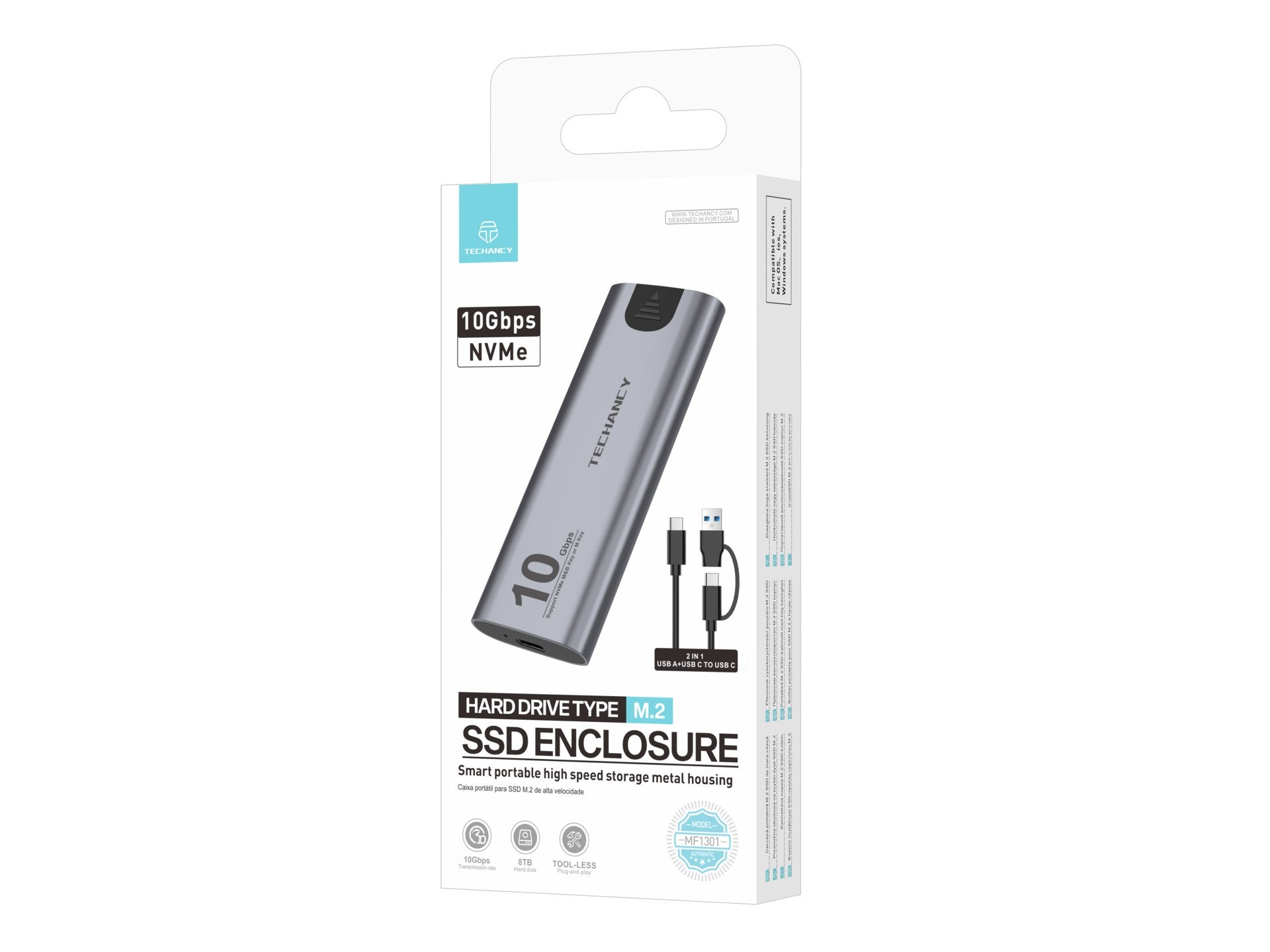 Techancy Caixa SSD M.2 NVMe portátil de alta velocidade MF1301 Cinza , 10 Gbps com USB-C, compatível e fácil de transportar
