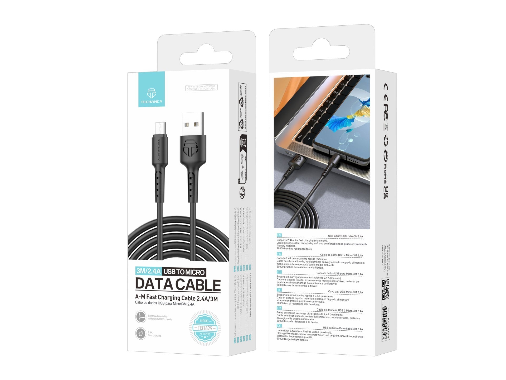 Techancy Black Data Cable TB1629, USB to Micro Fast Charging Cable, 3M/2.4A, Compatible with Android Devices