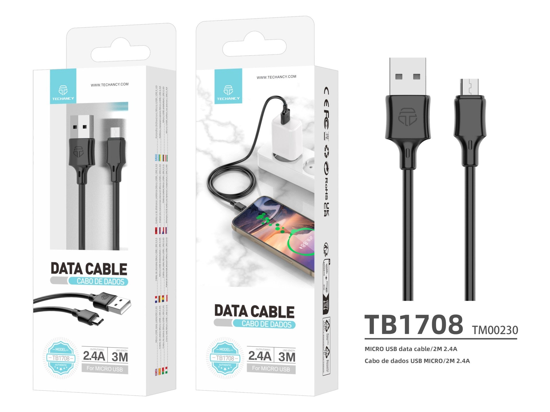 Techancy Cabo De Carregamento 3m Usb-Micro Preto TB1708, Carregamento Rápido De 2,4 A, Carregamento De Longo Alcance 3m