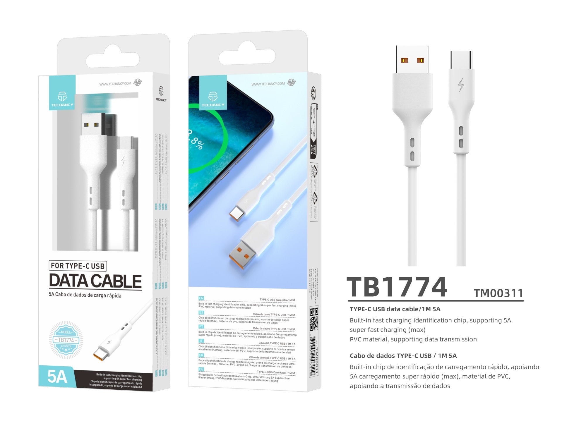 Techancy Fast Charge Cabo de Dados Usb-Type-C TB1774, 1m, 5a Super Fast Charge, Transferência De Dados, Branco