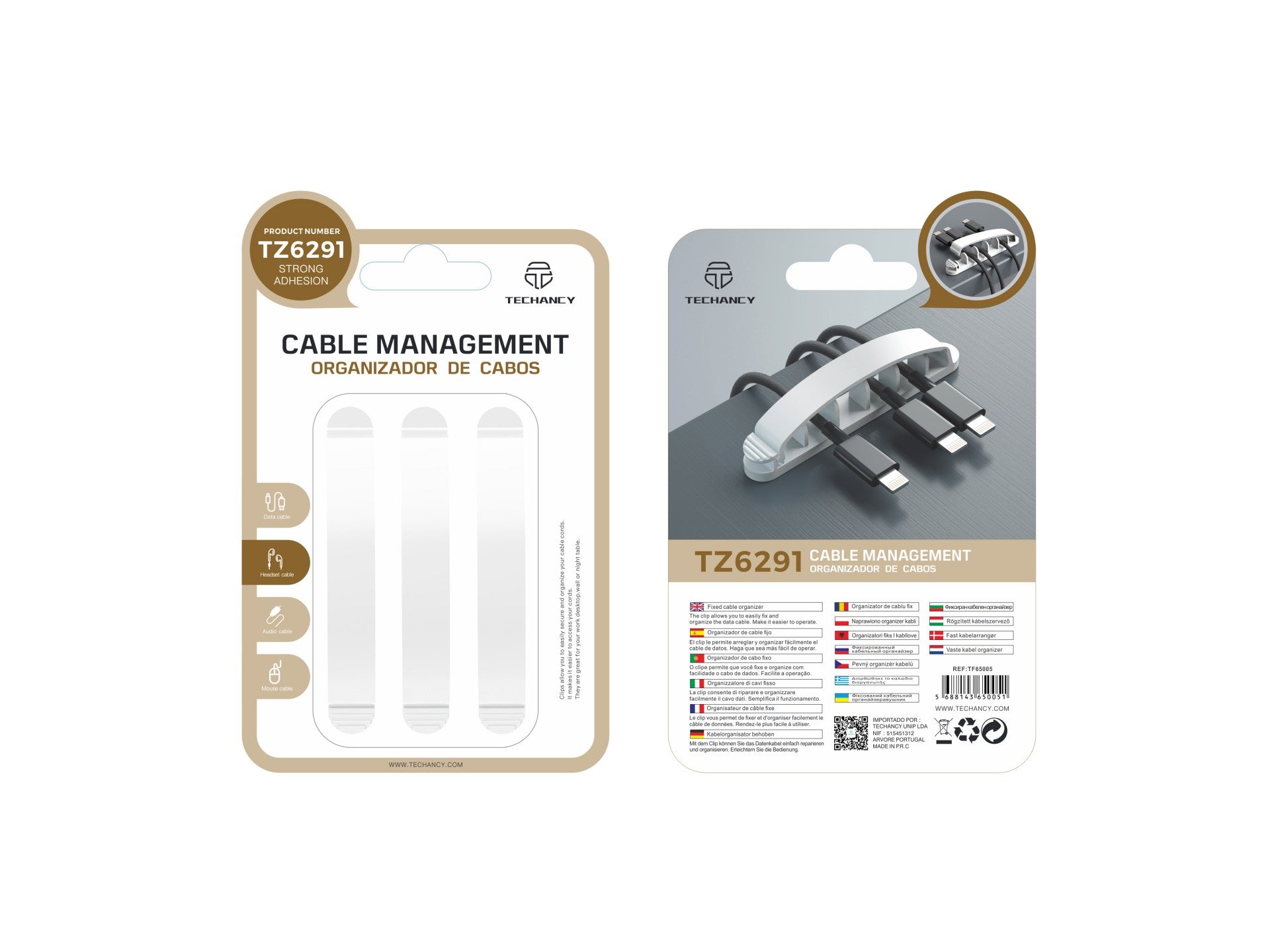 Portacables Techancy, TZ6291, paquete de 3, fácil de abrir y cerrar para guardar cables, blanco.