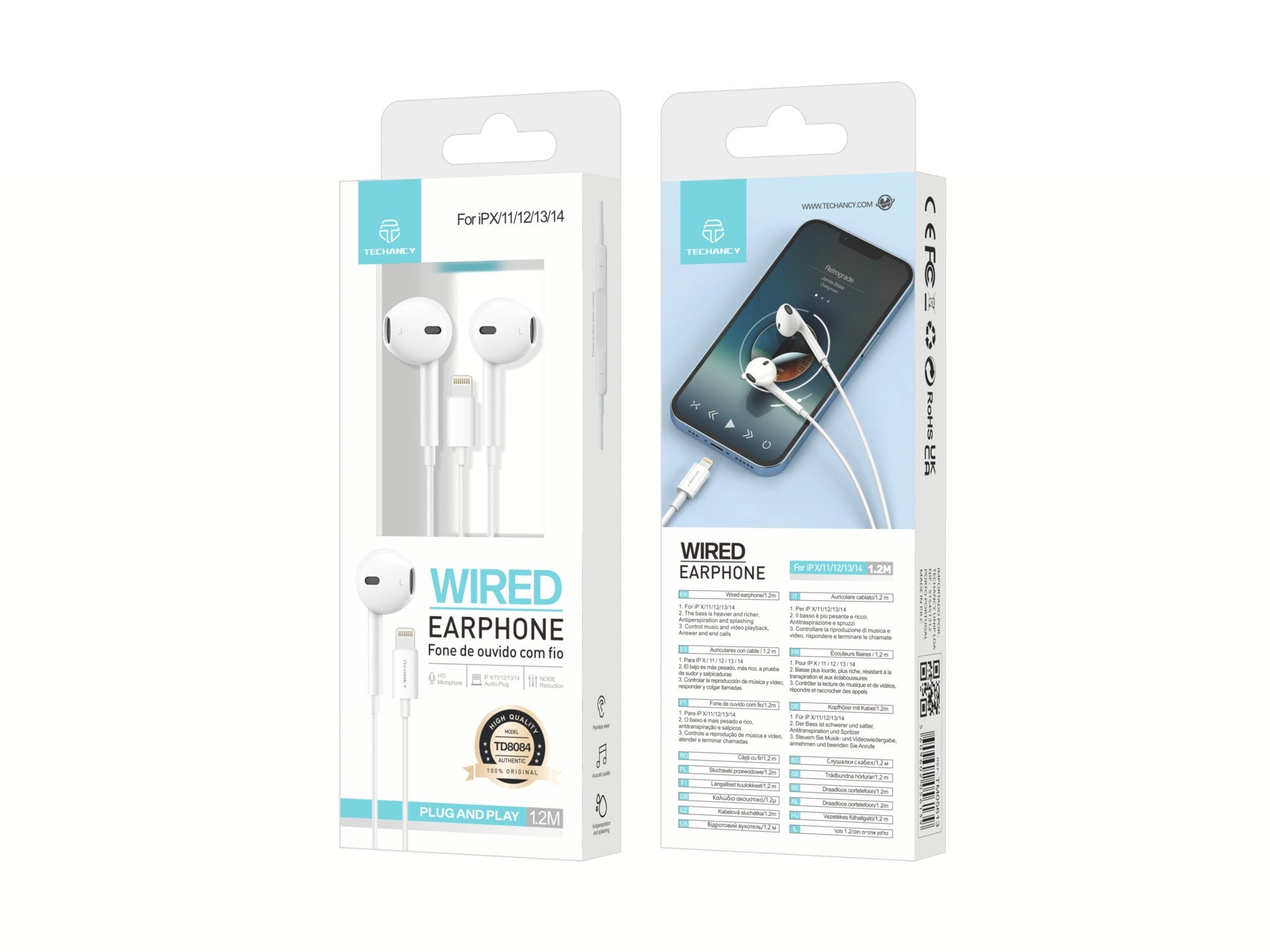 Auriculares con cable Techancy TD8084, Plug and Play, compatibles con IP8/X/11-14, 1,2 metros, estéreo, llamadas de voz