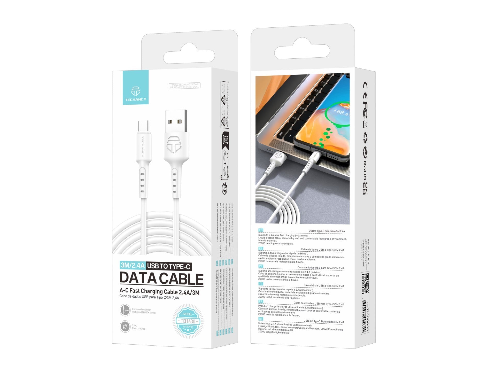 Techancy Cabo De Dados Branco TB1630, Cabo De Carregamento Rápido Usb Para Tipo C, 3 M/2,4 A, Compatível Com Dispositivos Usb-C
