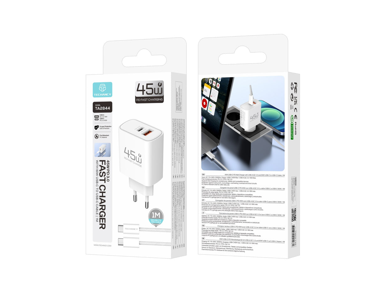 Carregador USB-C 45W TECHANCY TM02128, PD 3.0 PPS, USB-A QC 3.0, Carregamento Rapido, com Cabo USB-C para USB-C 60W de 1 m