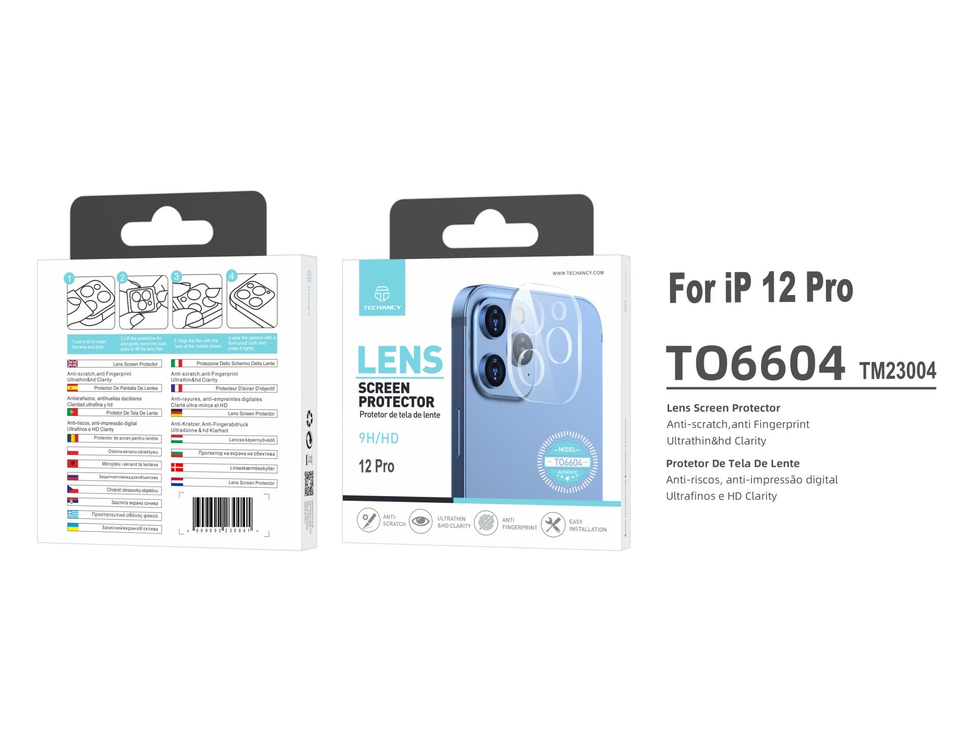 Techancy Protetor de Lente para iPhone 12Pro TO6604, 9H Anti-riscos, Anti-digital, Ultrafino e HD, Fácil de Instalar