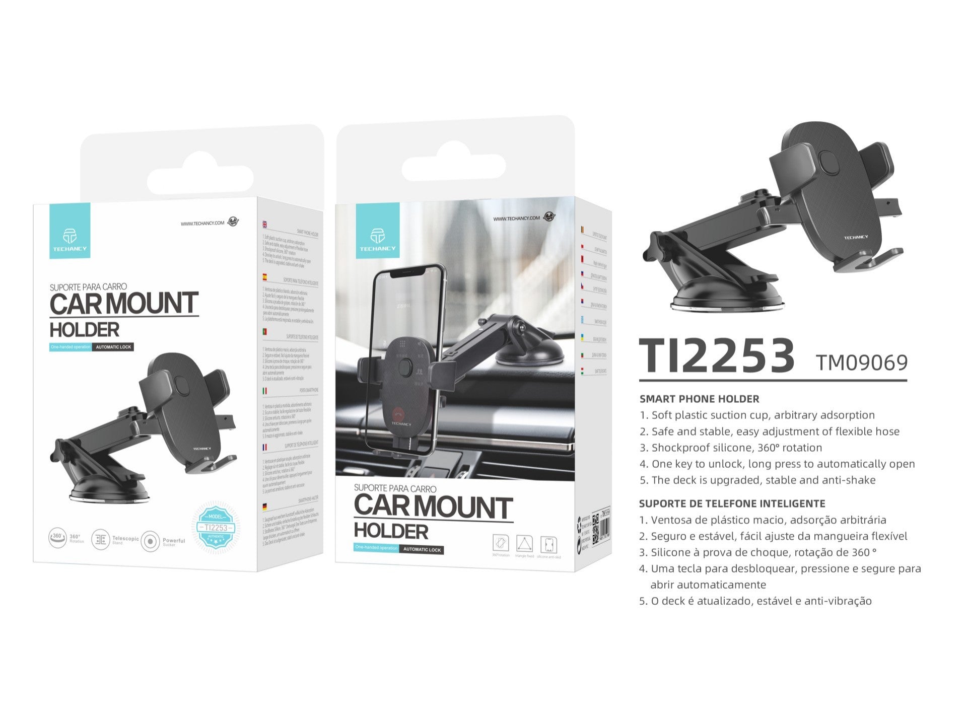 Techancy Suporte Para Telemóvel Para Automóvel Ti2253, Ventosa De Fixação Firme, Rotação De 360°, Desbloqueio Com Uma Chave.