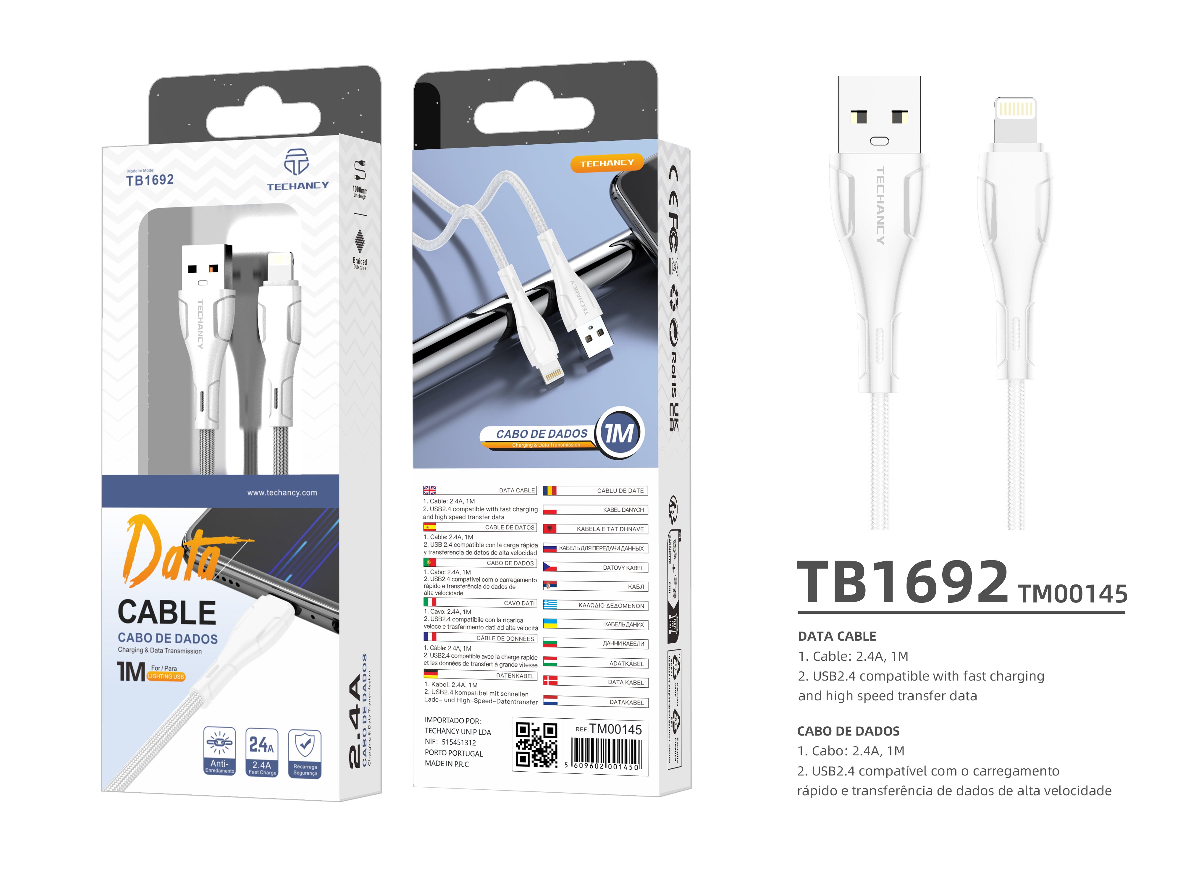Techancy Cabo De Dados Trançado Usb-Ip8/X/11-14 Branco TB1694, Carregamento De 2,4 A, Transferência De Dados Compatível