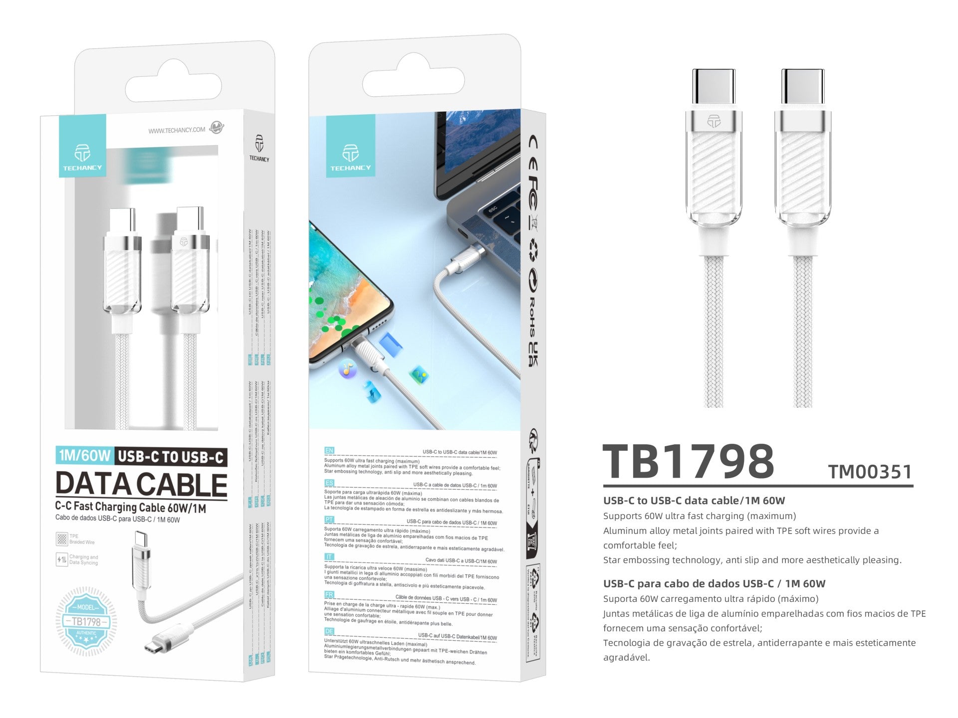 Techancy Cabo De Dados Usb-C Para Usb-C 1m/60w Branco TB1798 Para Carregamento De Smartphones, Tablets E Computadores Portáteis