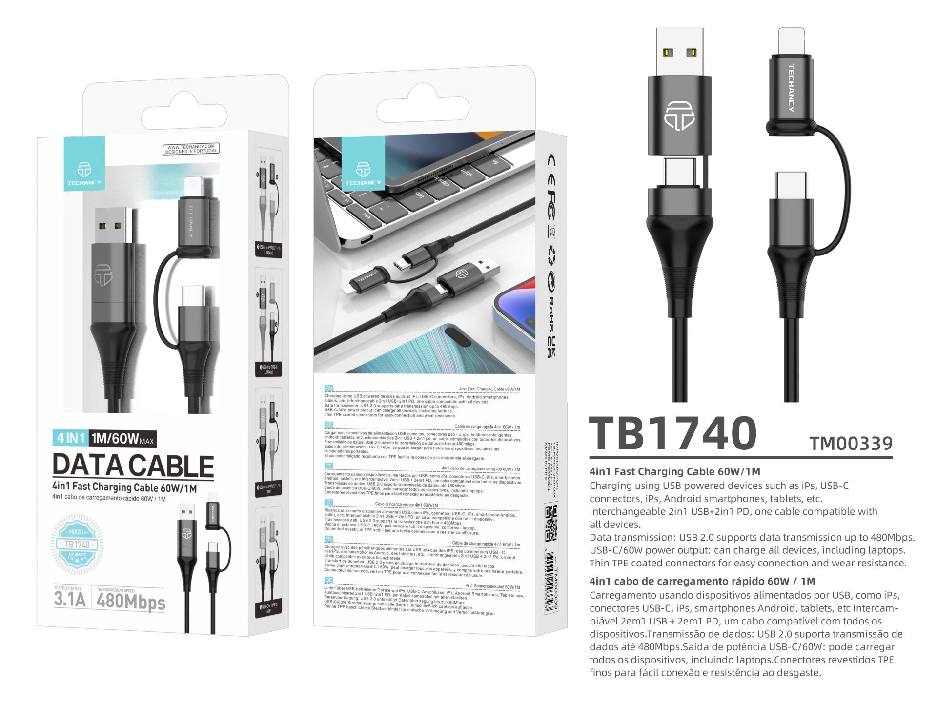 Techancy Cabo De Dados Multifunções 4 Em 1 Preto TB1740, 60w/1m, Usb/Usb C Para Tipo C/Lightning, Suporta Transmissão De Dados