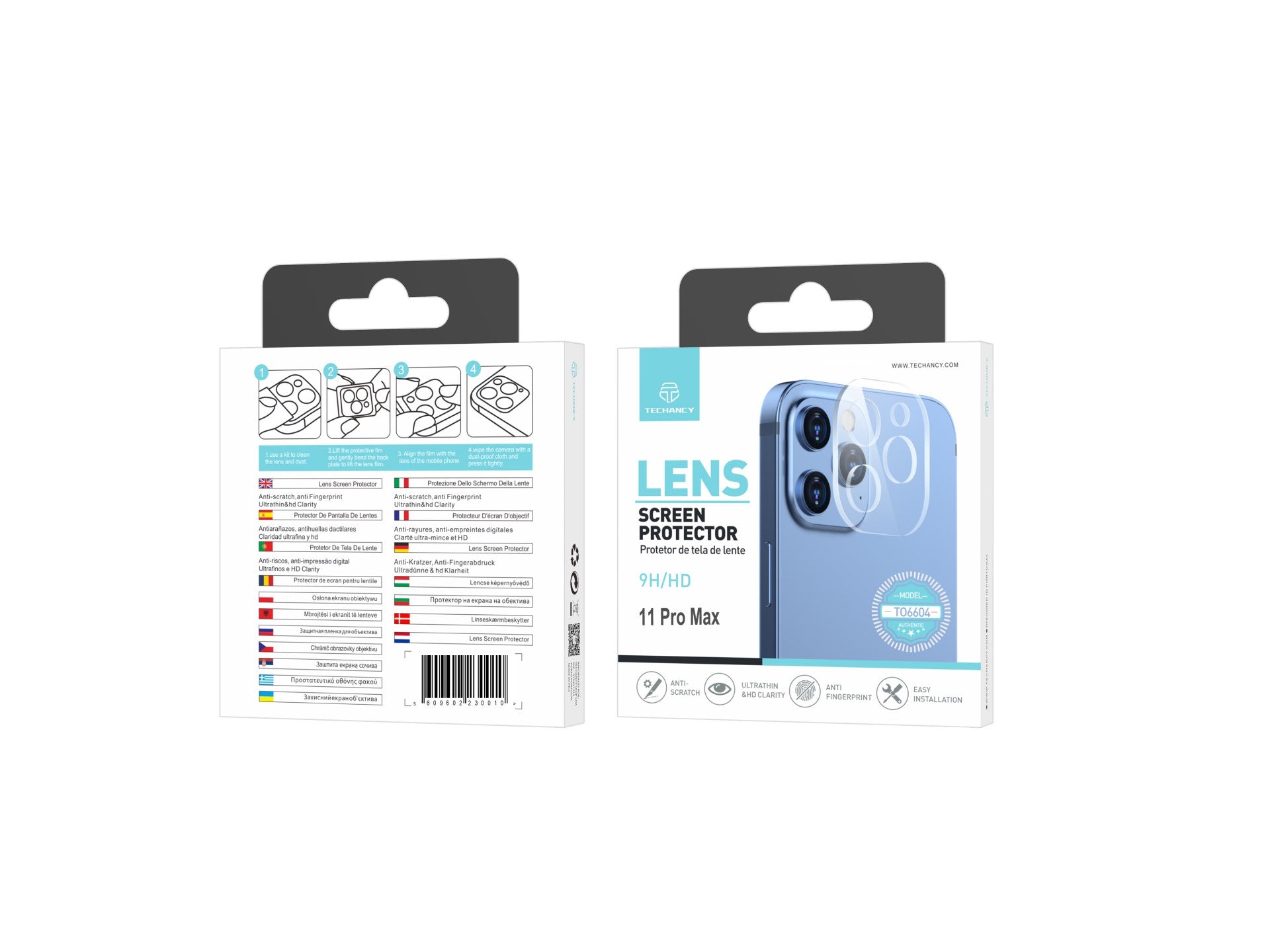 Techancy Protetor de Lente para iPhone 11Pro Max TO6604, 9H Anti-riscos, Anti-digital, Ultrafino e HD, Fácil de Instalar
