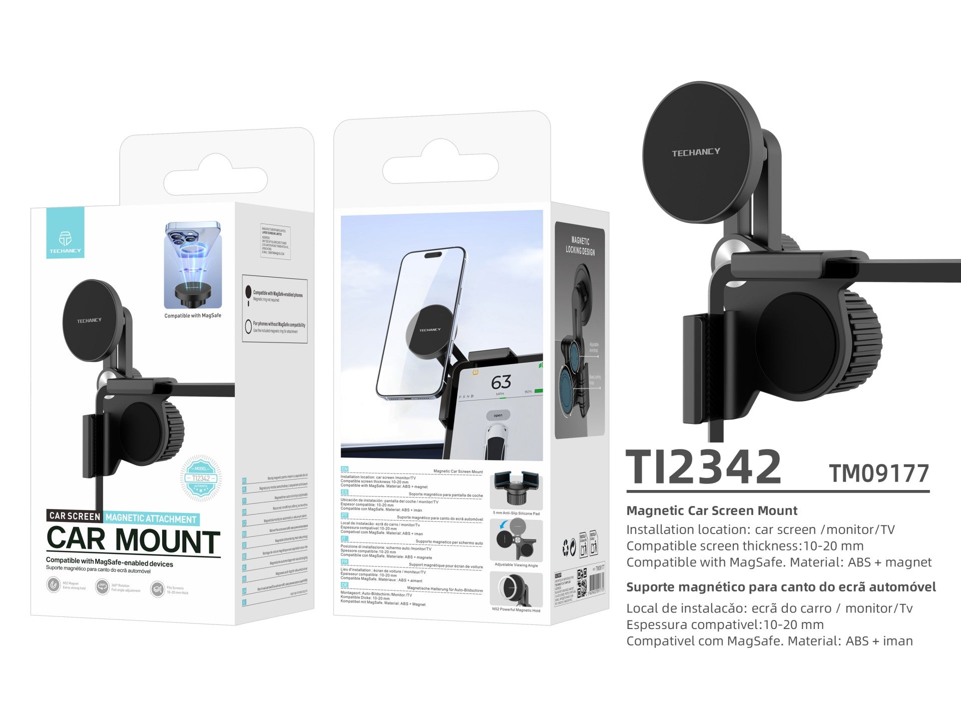 Techancy Magnetic Car Mount TI2342 Compatible MagSafe For Car Screen Monitor Thickness 10-20mm ABS Material Magnet Black
