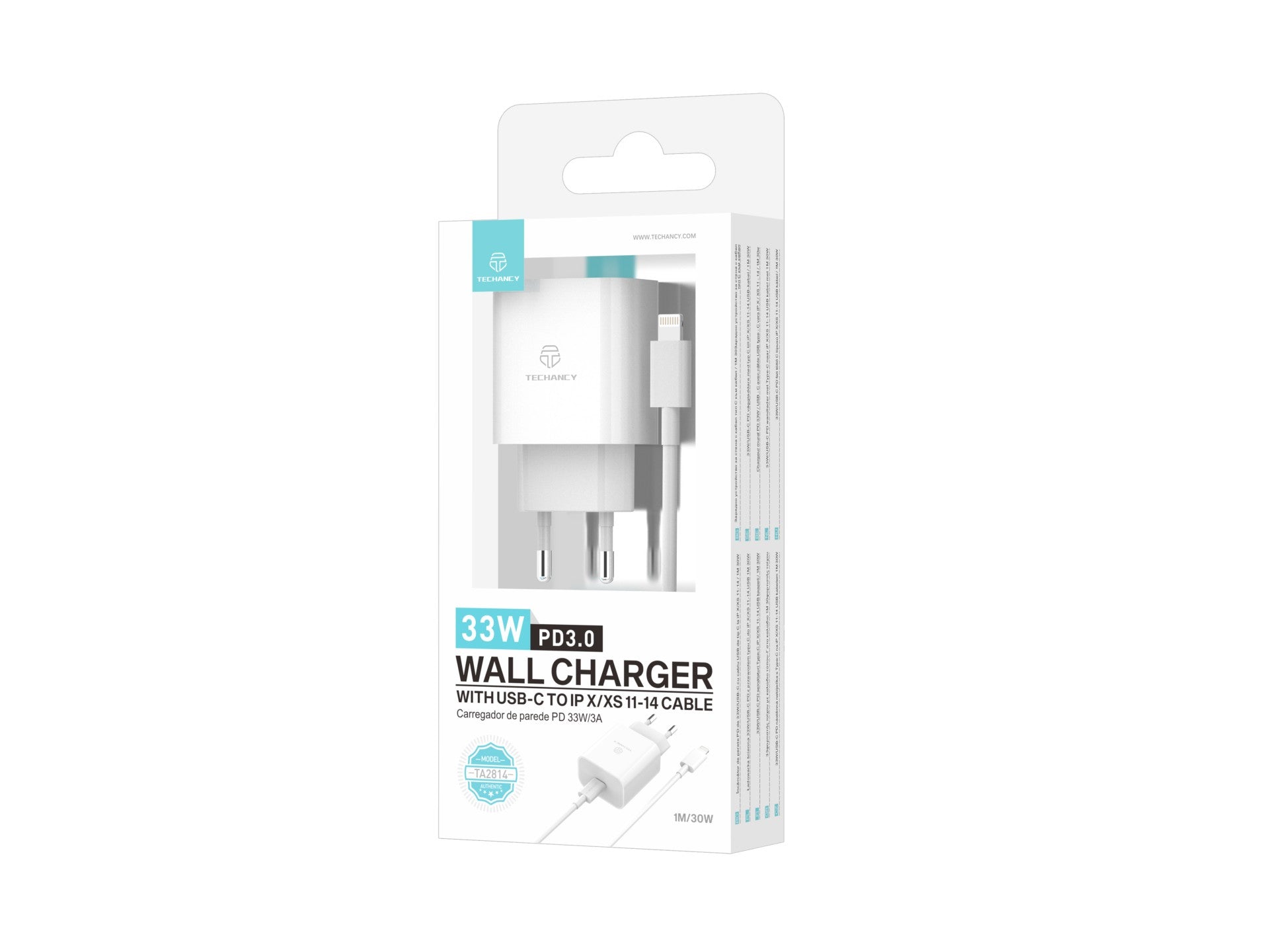 Techancy Carregador 33w Branco TA2814, Com Cabo Type-C Para Lightning 1m/30w Pd De Carregamento Rápido