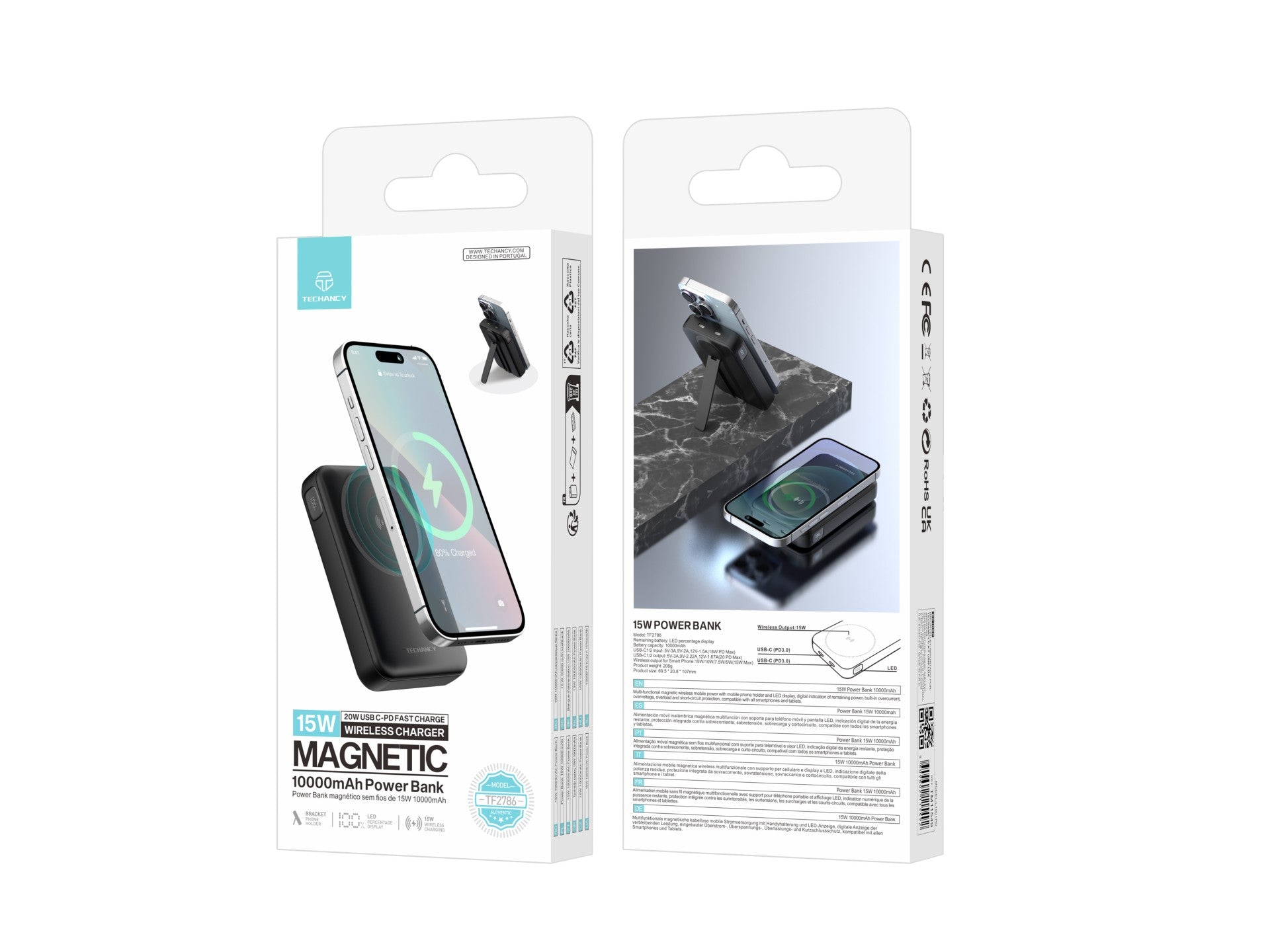 Techancy Magnetic Power Bank TF2786 10000mAh Fast Wireless Charging 15W PD 20W Compatible with MagSafe Integrated Support LED Screen Black