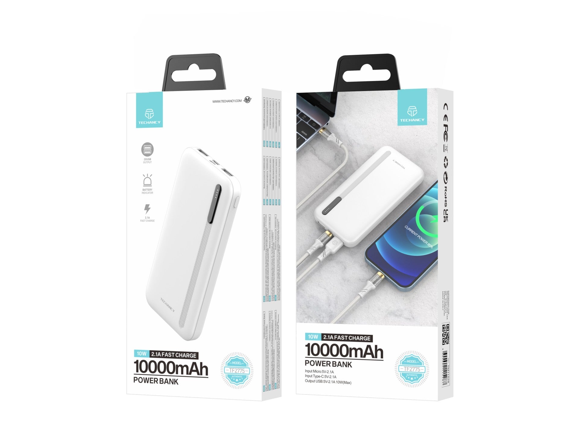 Techancy Power Bank 10000mah White TF2775, Carregamento Rápido De 10w Para Smartphones, Tablets E Muito Mais!