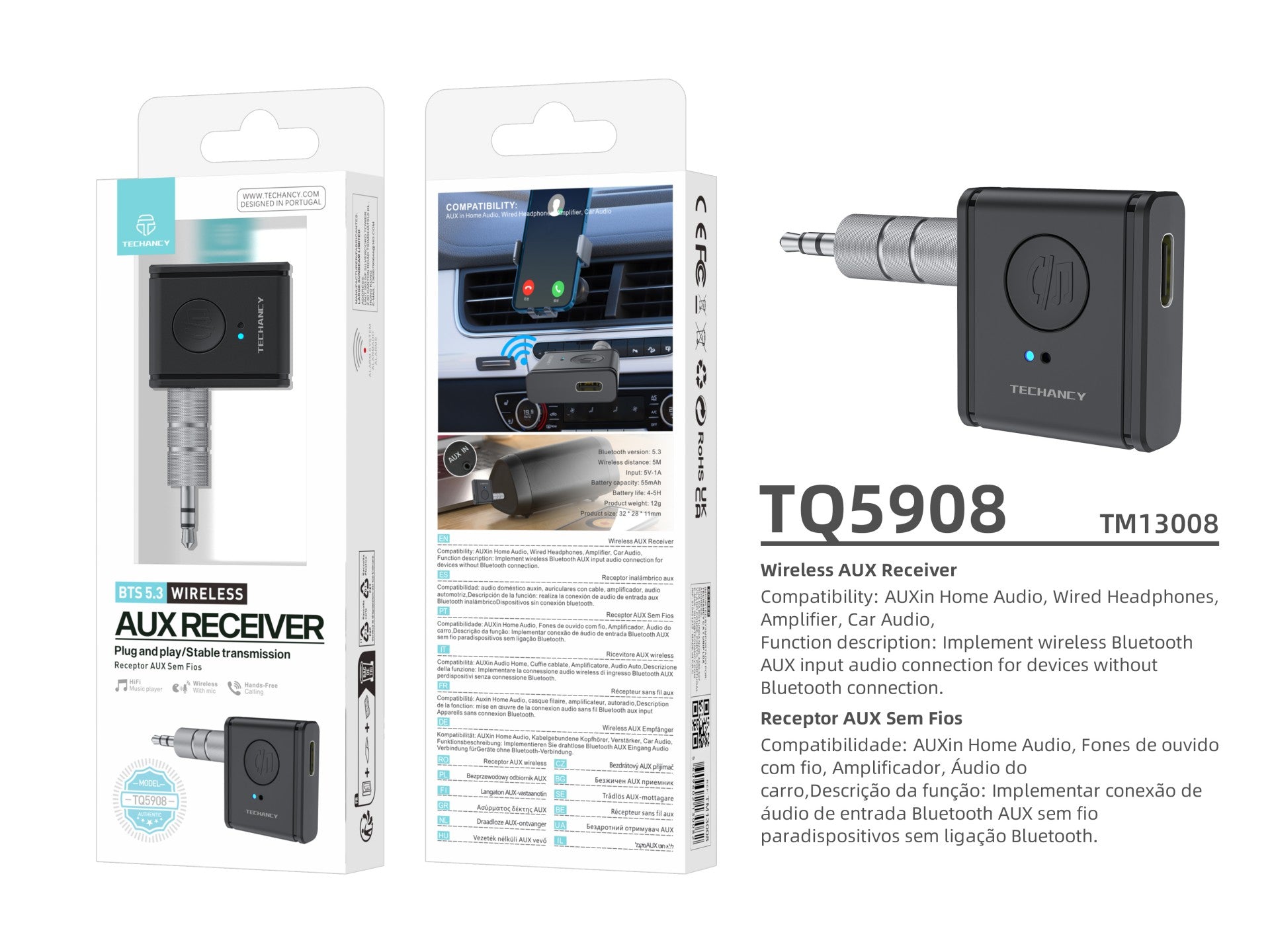 Techancy Receptor AUX Sem Fios TQ5908 Bluetooth 5.3, Audio Carro, Som Casa, Auriculares, Compacto e Portatil