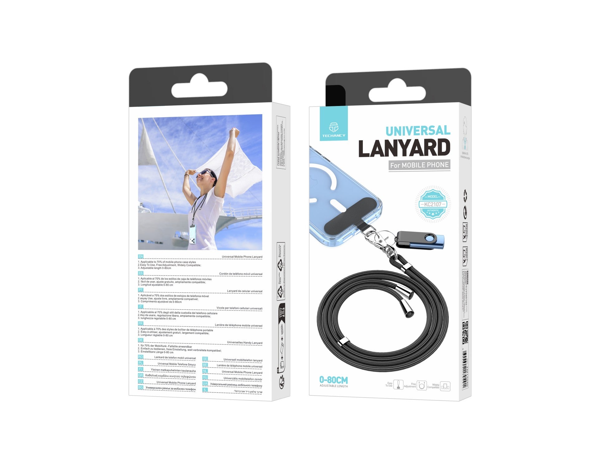 Techancy Cordão Universal Para Telemóvel Preto KC2107, Comprimento Ajustável De 0-80 Cm, Utilizado Com A Capa Do Telemóvel