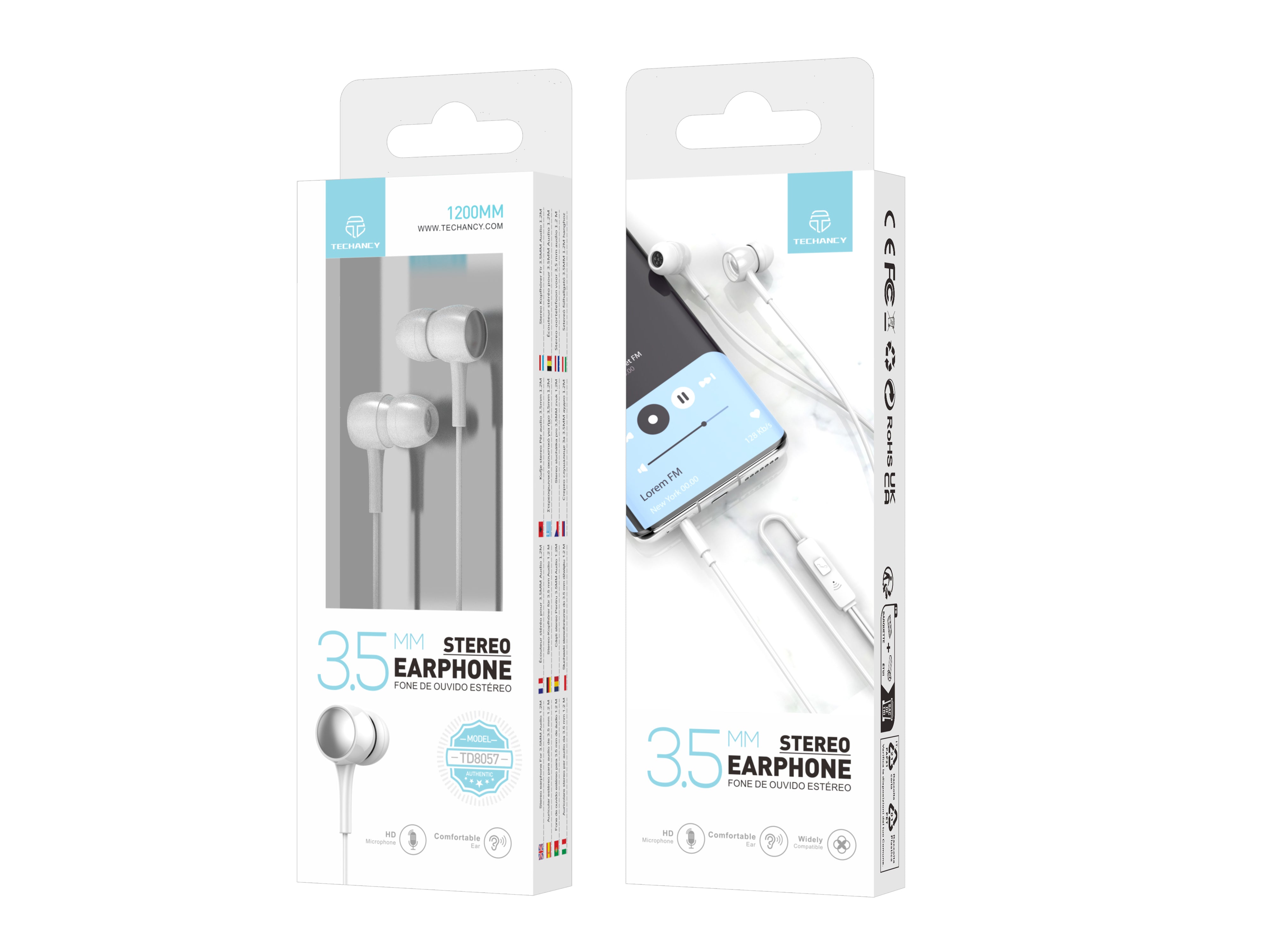 Techancy Auscultadores Intra-Auriculares Com Fios Brancos 1,2 M TD8057, Tomada De 3,5 Mm Compatível Com Telemóveis/Pc/Mp3, Etc.