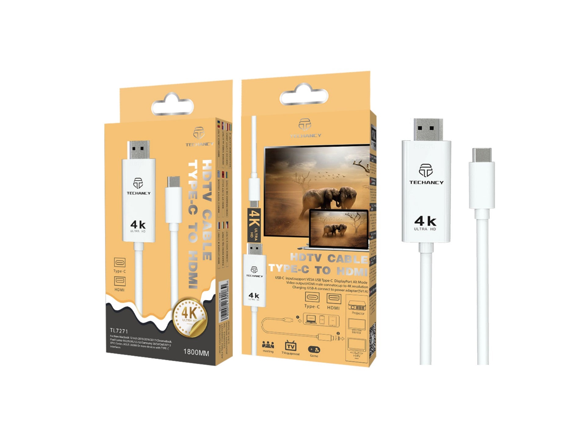Cabo Techancy Tipo C para espelhamento de ecrã móvel HDTV, TL7271, 1,8 m, 4K*2K, preto