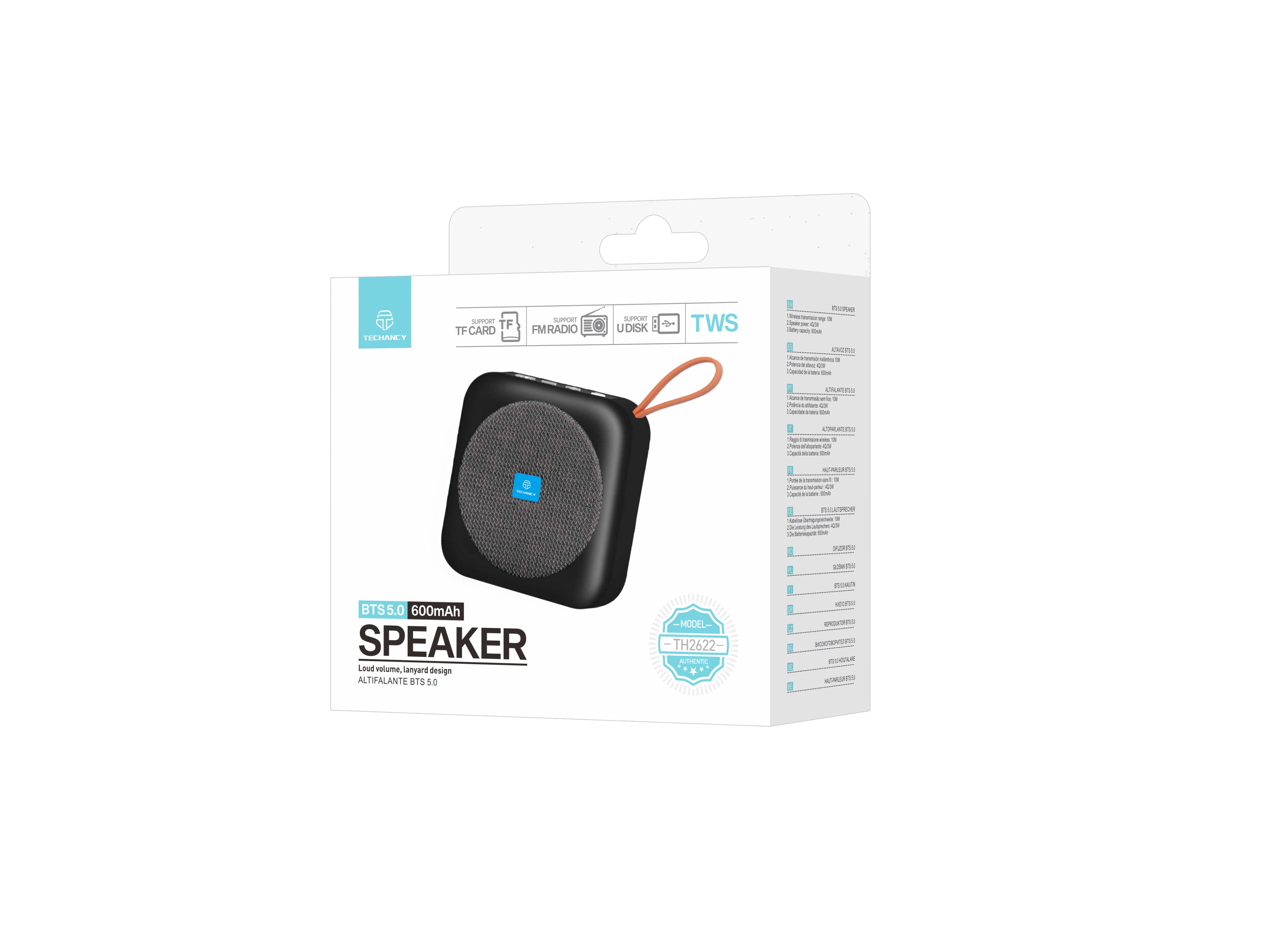 Techancy Altifalante Bluetooth Preto TH2622, Portátil E De Tamanho Compacto, Suporte Tf/Fm/Usb/Tws, Som Potente.
